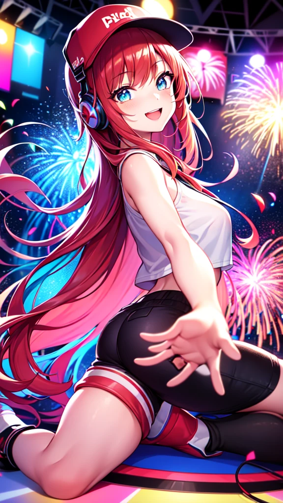 +sparkle+ 1_girlsolo, anime girl, long red hair, short bangs, baseball cap, red booty shorts, headphones, silver jacket,DJ turntable set,club lighting,stage,confetti,dancing,smiling,putting records on turntable,(best quality:1.2),(ultra-detailed:1.2),(realistic:1.37),HDR,vivid colors,portraits,shorts,jacketed figure,headphone girl,colorful lights,stage set,confetti raining,joyful expression,playing vinyl records,turntable setup,anime style, atmosphere,techno music,electronic dance music,festival vibes,hip hop beats,festival outfit,energetic dance moves,expressive eyes,hairstyle with vibrant colors,neon lights,beaming smile,positive vibes,high-energy performance,stylized backgrounds,colorful visuals,excitement in the air, dancing, nyan-nyan dance, fireworks in background, kneeling