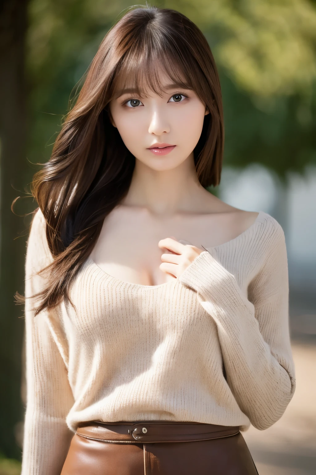 Masterpiece, top-quality, high resolution, Photorealsitic, sharp, Raw photography, 8K wallpaper, flawless, Professional lighting, highly detailed, depth of fields, Pale solid color background, ((one beautiful women, Skinny Japanese mature)), (40 years old), Sexy, Detailed face, beautidful eyes, bangs, small breasts, very thin waist, Light Brown Straight Hair, Faint lips, ((standing at front, Staring at the viewer, serious face eyes.)), Sweaters, skirt, (full-body photo), cowboy shot