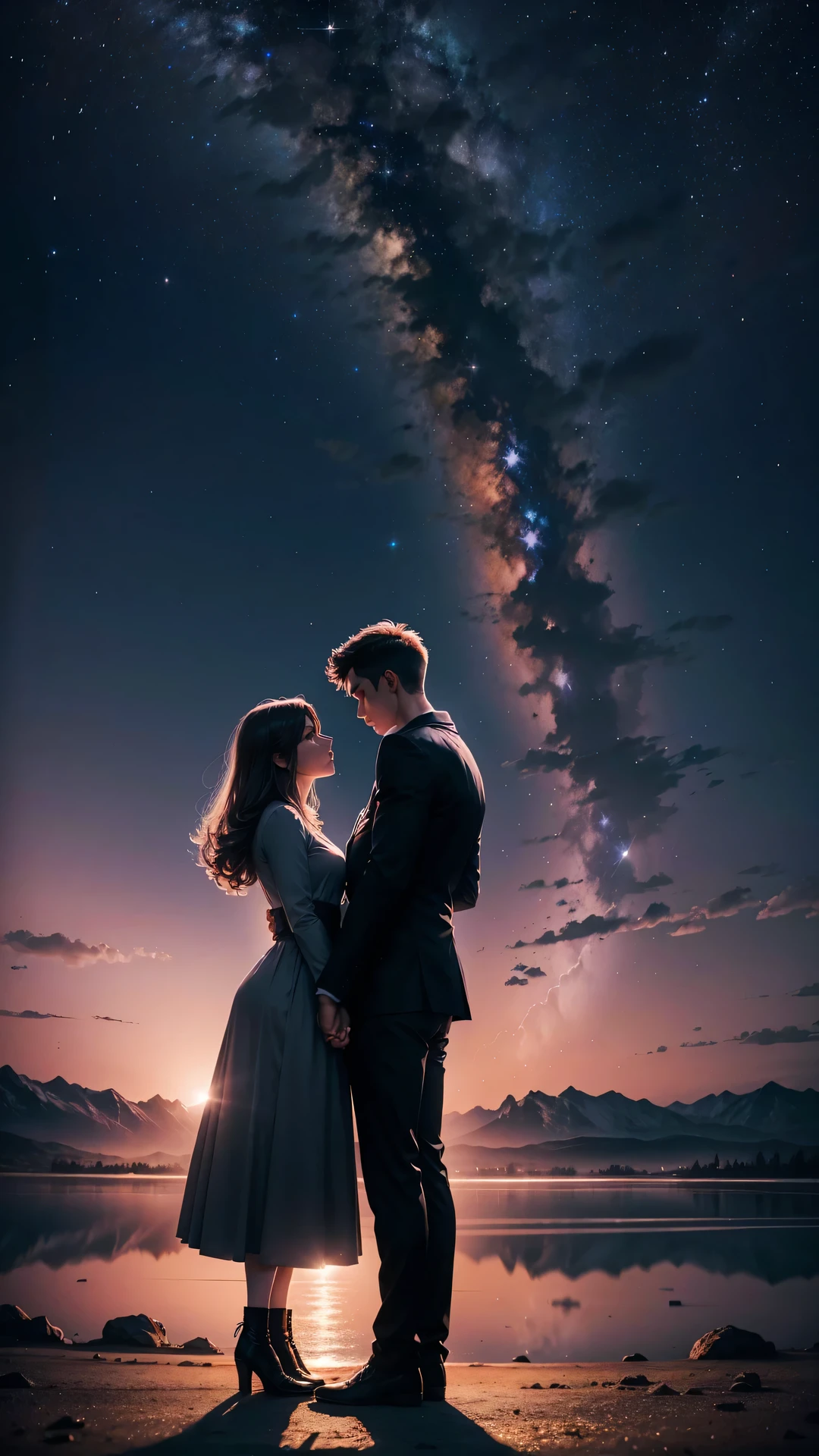A couple stands against the backdrop of the night sky, (Raw photo, highest quality), (8K, highest quality, masterpiece: 1.2), Super detailed, super resolution