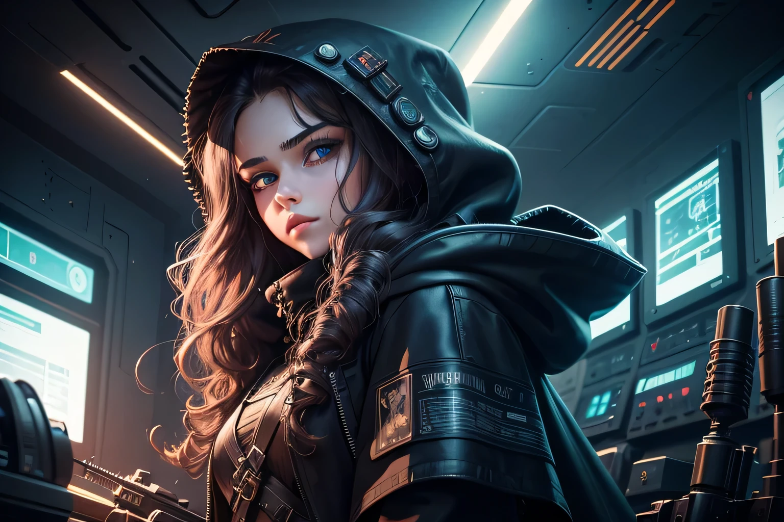 (best quality:1.2), masterpiece, detailed art, a girl stands with a crossbow in her hands, cyberpunk style, black cloak with a hood, wide pants, the image of a gypsy, long brown hair, barely wavy, curls tousled in the wind, blue eyes, lush eyelashes, cyberpunk background inside spaceship, dim light, bright shades of control panel buttons