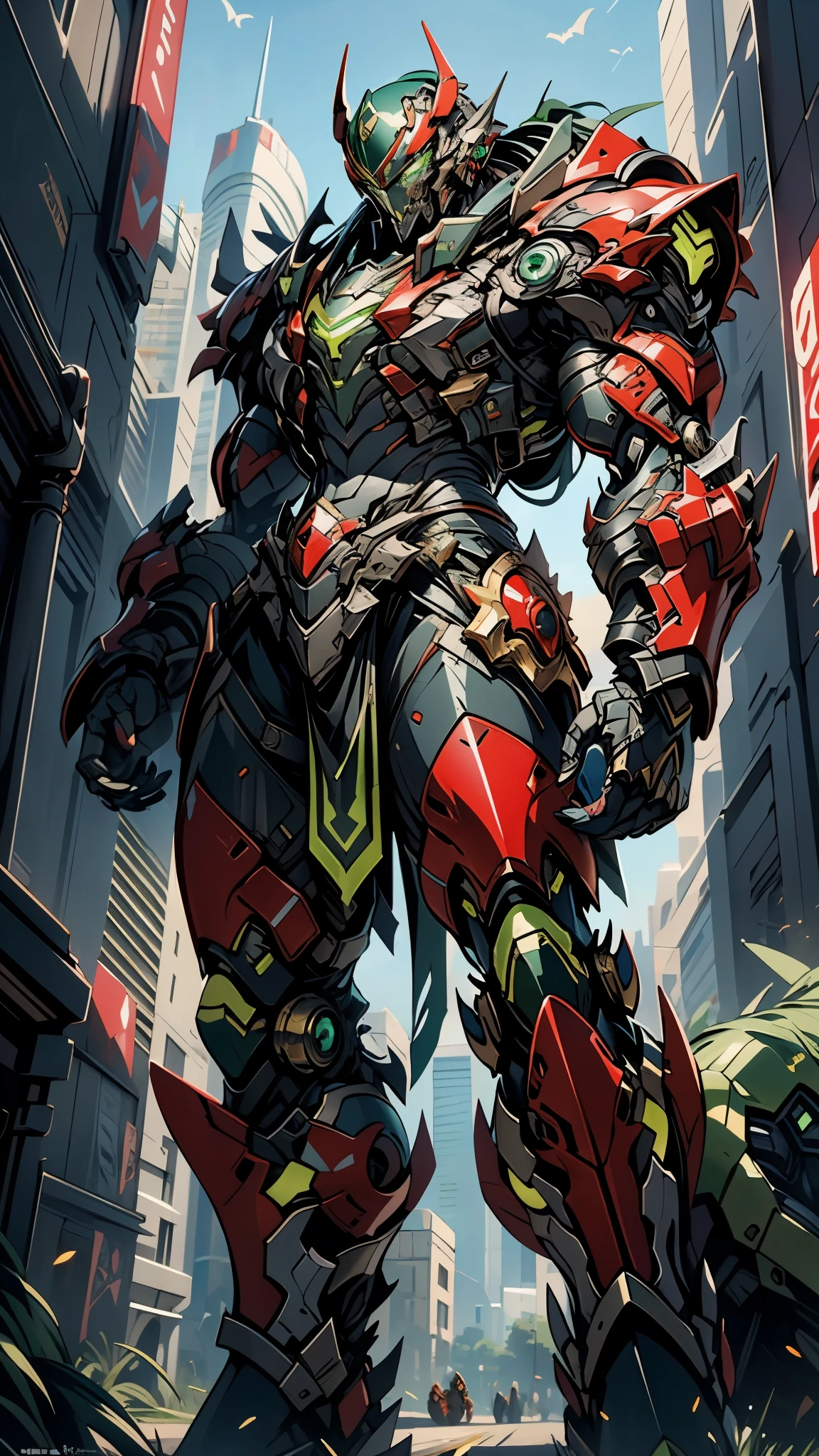 A man wearing a full-face helmet, a fantasy-style biotech armored combat suit, green eyes, (a composite layered chest armor), fully enclosed shoulder guards, matching arm and leg guards, the belt is adorned with fangs biting into orbs, (the color scheme is primarily black with red accents), the design balances heavy with agility, a high-tech bio-mecha armor, (Bat concept Armor, stand on the top of a skyscraper in a futuristic sci-fi city), this character embodies a finely crafted fantasy-surreal style armored hero in anime style, exquisite and mature manga art style, (battle damage, element, plasma, energy, the armor glows), ((male:1.5)), metallic, real texture material, dramatic, high definition, best quality, highres, ultra-detailed, ultra-fine painting, extremely delicate, professional, perfect body proportions, golden ratio, anatomically correct, symmetrical face, extremely detailed eyes and face, high quality eyes, creativity, RAW photo, UHD, 32k, Natural light, cinematic lighting, masterpiece-anatomy-perfect, masterpiece:1.5