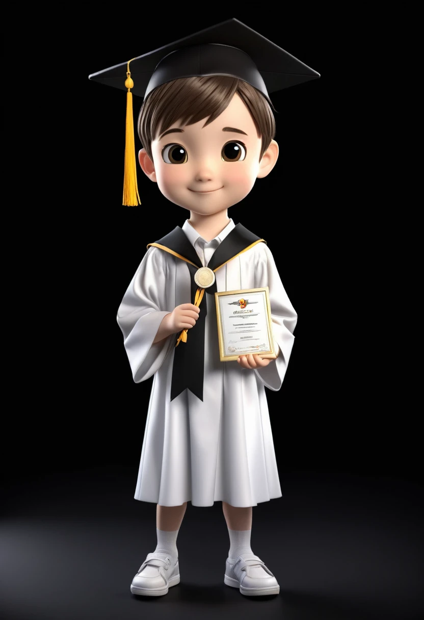 a  little boy that graduate in a white dress with medal or ribbon , graduation white cap and holding a diploma in 3D or chibi anime black background
