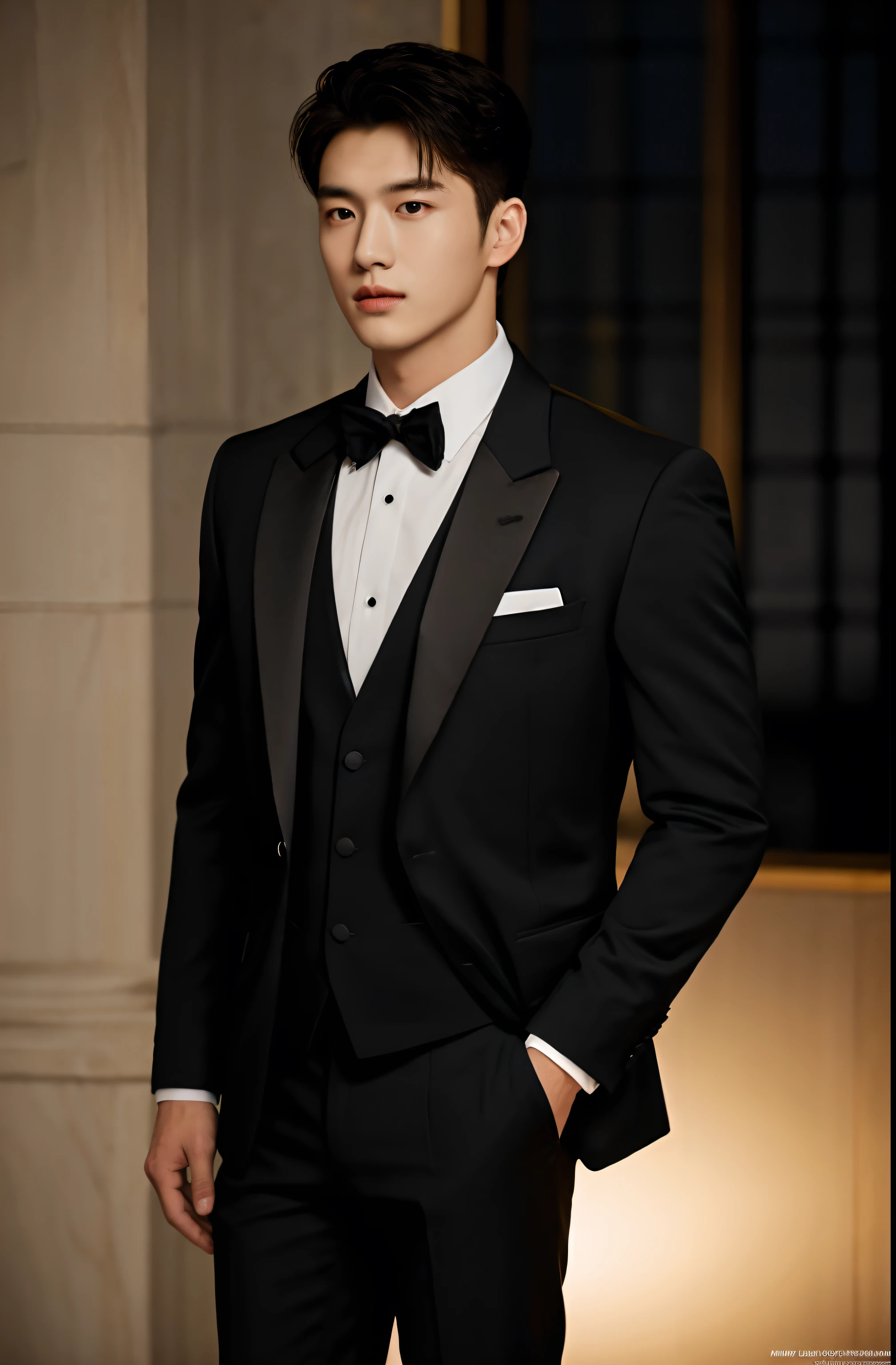 1 person, A 25-year-old muscular man, Wearing a black suit, formal suit, soft light, masterpiece, best quality, 8k ultra high definition, midway realism, whole body