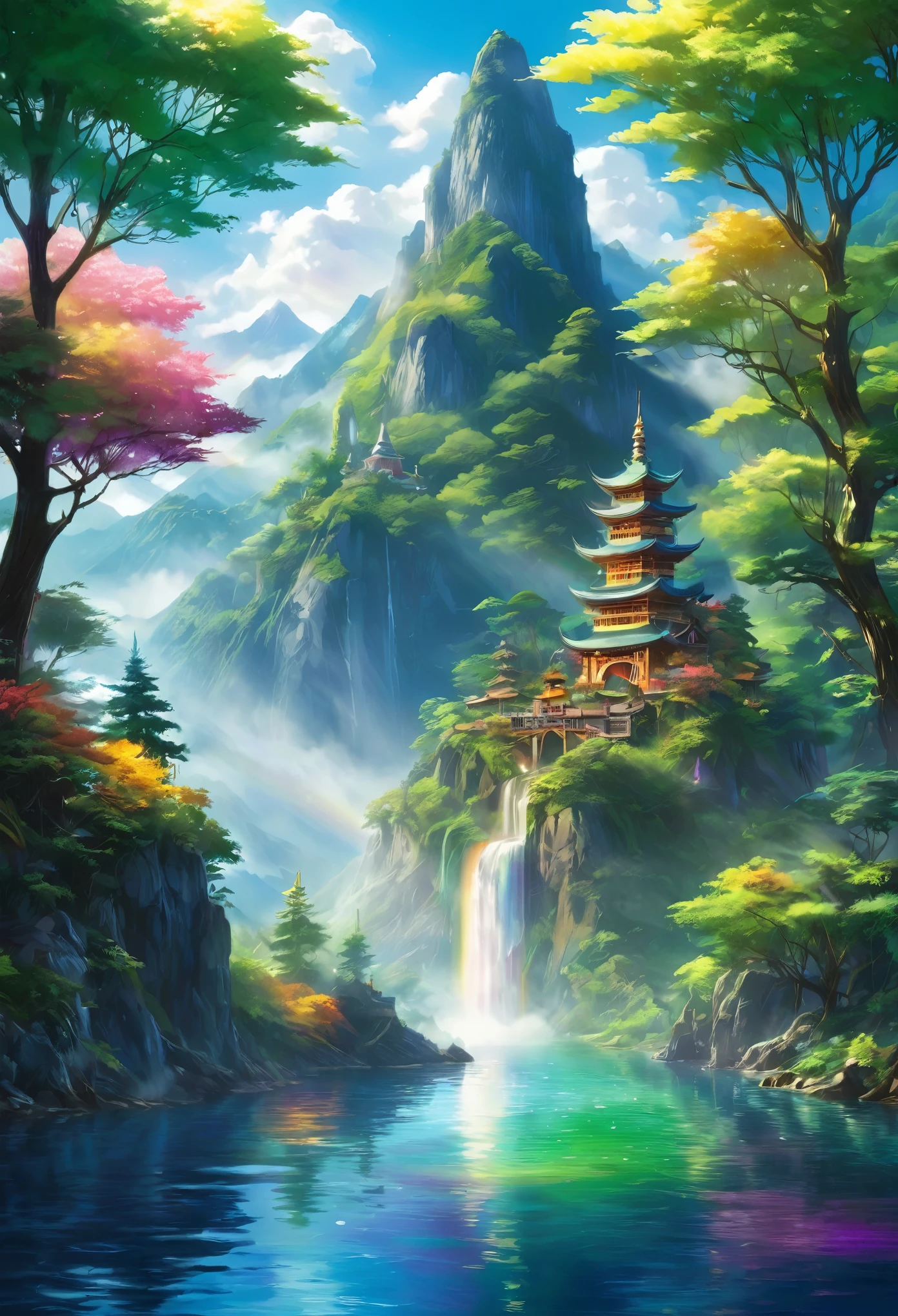 Enchanting Dreamlight Island, A Vision of Beauty. The sunlight dances through a veil of mist., Surrounding mountains々The lake reflects the light and casts a mottled shadow on its surface.. A towering tower of light rises into the sky, The surface reflects the colors of the rainbow. A whimsical tree in the forest々There are lots of creatures to play with., Creating a tapestry of light and shadow that captivates the soul.