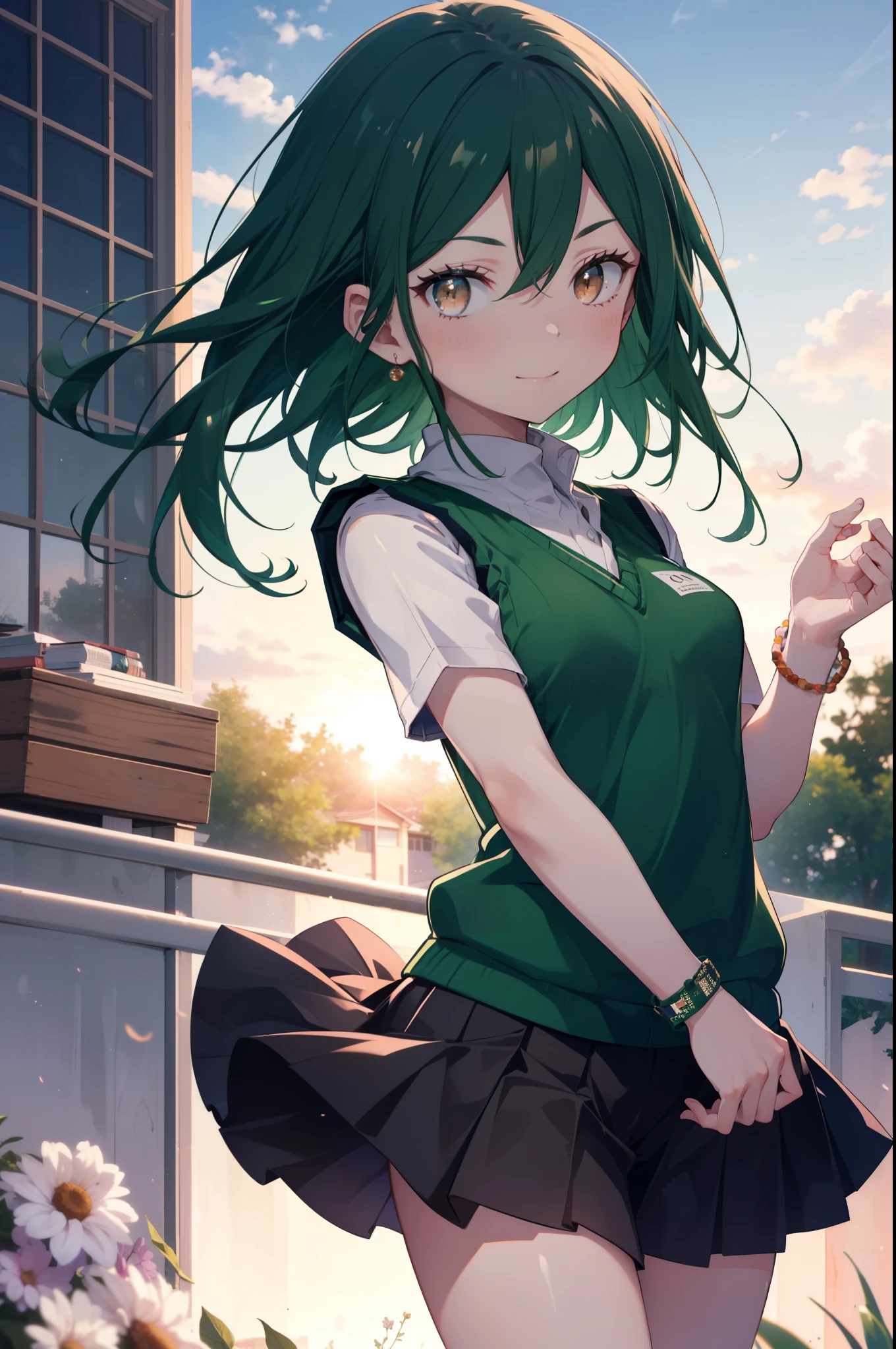 CruschKarsten, Crusch Karsten, Long Hair, Hair between the eyes, Green Hair, (Brown eyes:1.4),smile,,
Armband, White shirt,Short sleeve,Sweater vest, (green Sweater vest:1.5),Black pleated skirt,Black socks,Brown Loafers,whole bodyがイラストに入るように,Sunset,evening,The sun is setting,歩いている
break outdoors, School　courtyard,
break looking at viewer,whole body,
break (masterpiece:1.2), highest quality, High resolution, unity 8k wallpaper, (shape:0.8), (Beautiful and beautiful eyes:1.6), extレムely detailed face, Perfect lighting, extレムely detailed CG, (Perfect hands, Perfect Anatomy),