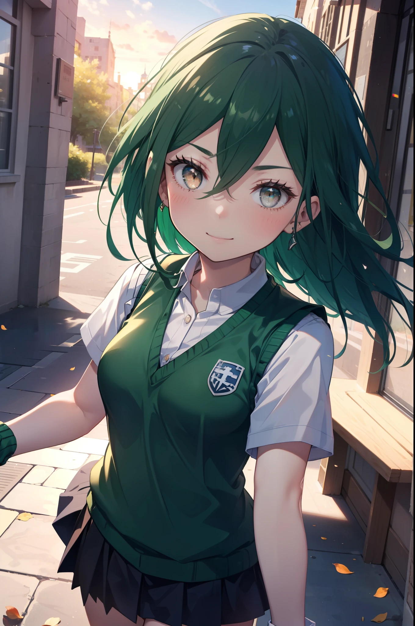 CruschKarsten, Crusch Karsten, Long Hair, Hair between the eyes, Green Hair, (Brown eyes:1.4),smile,,
Armband, White shirt,Short sleeve,Sweater vest, (green Sweater vest:1.5),Black pleated skirt,Black socks,Brown Loafers,whole bodyがイラストに入るように,Sunset,evening,The sun is setting,歩いている
break outdoors, School　courtyard,
break looking at viewer,whole body,
break (masterpiece:1.2), highest quality, High resolution, unity 8k wallpaper, (shape:0.8), (Beautiful and beautiful eyes:1.6), extレムely detailed face, Perfect lighting, extレムely detailed CG, (Perfect hands, Perfect Anatomy),