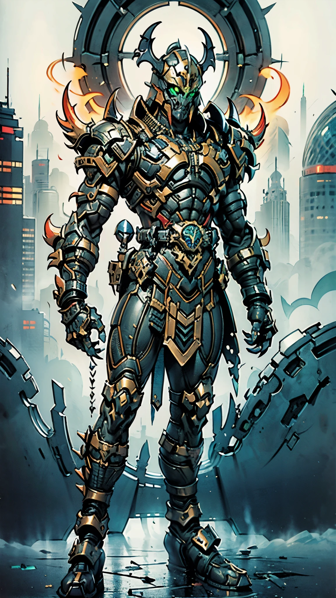 A man wearing a full-face helmet, a fantasy-style biotech armored combat suit, green eyes, (a composite layered chest armor), fully enclosed shoulder guards, matching arm and leg guards, the belt is adorned with fangs biting into orbs, (the color scheme is primarily black with red accents), the design balances heavy with agility, a high-tech bio-mecha armor, (Bat concept Armor, stand on the top of a skyscraper in a futuristic sci-fi city), this character embodies a finely crafted fantasy-surreal style armored hero in anime style, exquisite and mature manga art style, (battle damage, element, plasma, energy, the armor glows), ((male:1.5)), metallic, real texture material, dramatic, high definition, best quality, highres, ultra-detailed, ultra-fine painting, extremely delicate, professional, perfect body proportions, golden ratio, anatomically correct, symmetrical face, extremely detailed eyes and face, high quality eyes, creativity, RAW photo, UHD, 32k, Natural light, cinematic lighting, masterpiece-anatomy-perfect, masterpiece:1.5