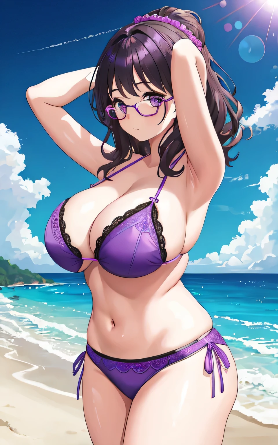 A 6-year-old girl with big breasts, plump body, round, in a purple lace bikini, on the beach, with glasses