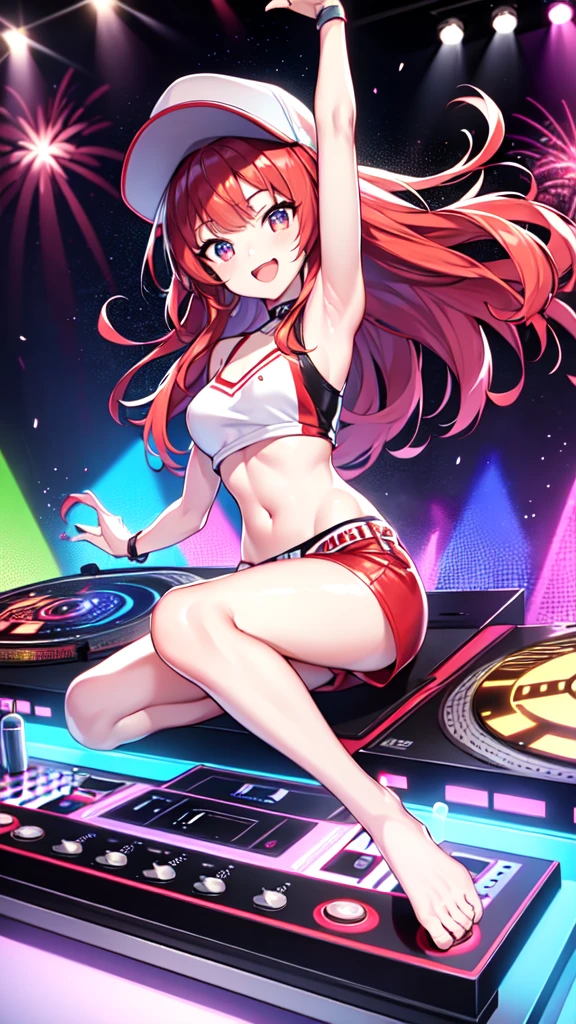 +sparkle+ 1_girlsolo, anime girl, long red hair, short bangs, baseball cap, red booty shorts, headphones, silver jacket,DJ turntable set,club lighting,stage,confetti,dancing,smiling,putting records on turntable,(best quality:1.2),(ultra-detailed:1.2),(realistic:1.37),HDR,vivid colors,portraits,shorts,jacketed figure,headphone girl,colorful lights,stage set,confetti raining,joyful expression,playing vinyl records,turntable setup,anime style, atmosphere,techno music,electronic dance music,festival vibes,hip hop beats,festival outfit,energetic dance moves,expressive eyes,hairstyle with vibrant colors,neon lights,beaming smile,positive vibes,high-energy performance,stylized backgrounds,colorful visuals,excitement in the air, dancing, nyan-nyan dance, fireworks in background,