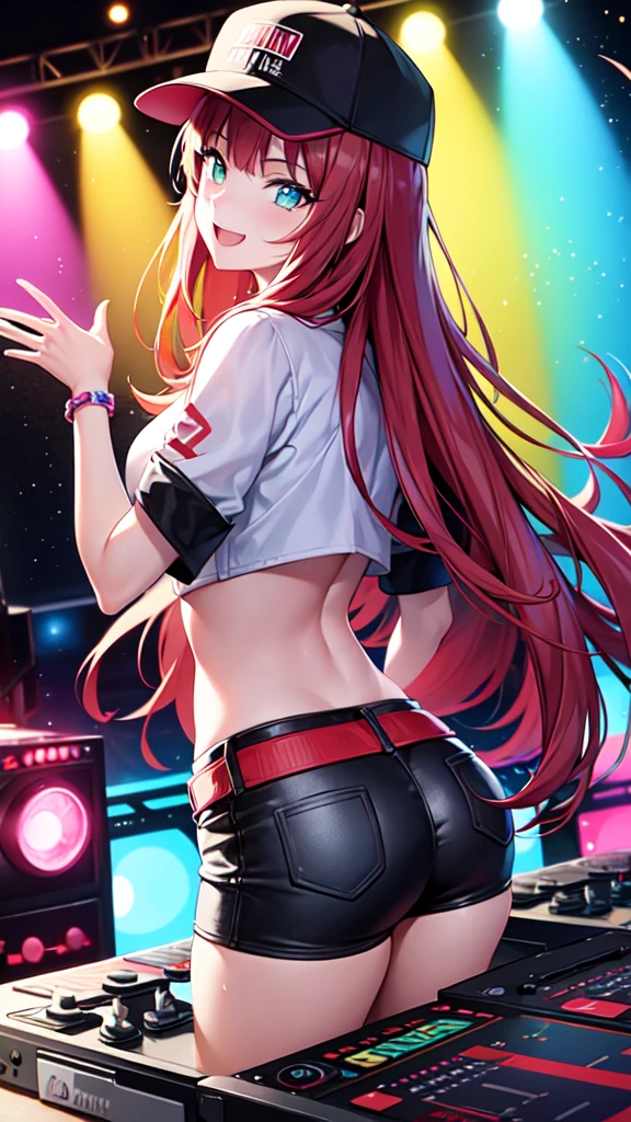 +sparkle+ 1_girlsolo, anime girl, long red hair, short bangs, baseball cap, red booty shorts, headphones, silver jacket,DJ turntable set,club lighting,stage,confetti,dancing,smiling,putting records on turntable,(best quality:1.2),(ultra-detailed:1.2),(realistic:1.37),HDR,vivid colors,portraits,shorts,jacketed figure,headphone girl,colorful lights,stage set,confetti raining,joyful expression,playing vinyl records,turntable setup,anime style, atmosphere,techno music,electronic dance music,festival vibes,hip hop beats,festival outfit,energetic dance moves,expressive eyes,hairstyle with vibrant colors,neon lights,beaming smile,positive vibes,high-energy performance,stylized backgrounds,colorful visuals,excitement in the air, dancing, nyan-nyan dance, fireworks in background, 