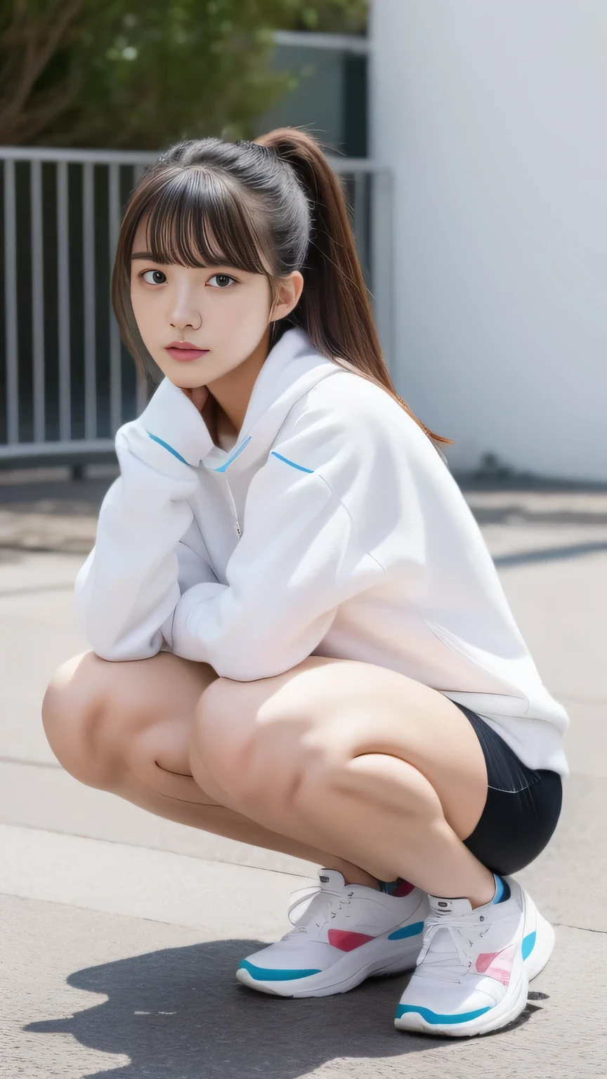 Beautiful woman、18-year-old 、Full Body Shot、Sweat、Sportswear、Arena、bangs、Turning around、Half Squat、