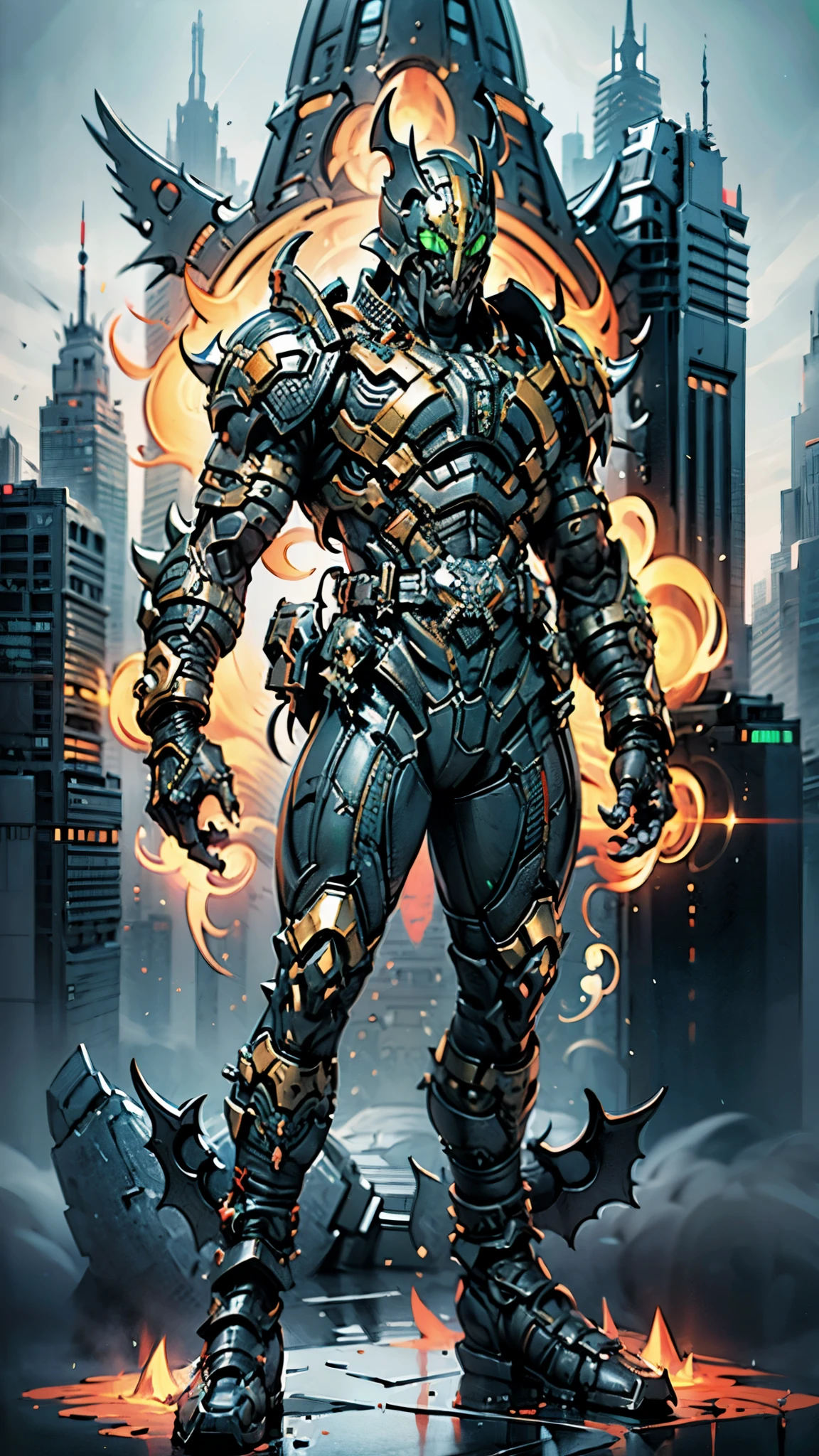 A man wearing a full-face helmet, a fantasy-style biotech armored combat suit, green eyes, (a composite layered chest armor), fully enclosed shoulder guards, matching arm and leg guards, the belt is adorned with fangs biting into orbs, (the color scheme is primarily black with red accents), the design balances heavy with agility, a high-tech bio-mecha armor, (Bat concept Armor, stand on the top of a skyscraper in a futuristic sci-fi city), this character embodies a finely crafted fantasy-surreal style armored hero in anime style, exquisite and mature manga art style, (battle damage, element, plasma, energy, the armor glows), ((male:1.5)), metallic, real texture material, dramatic, high definition, best quality, highres, ultra-detailed, ultra-fine painting, extremely delicate, professional, perfect body proportions, golden ratio, anatomically correct, symmetrical face, extremely detailed eyes and face, high quality eyes, creativity, RAW photo, UHD, 32k, Natural light, cinematic lighting, masterpiece-anatomy-perfect, masterpiece:1.5