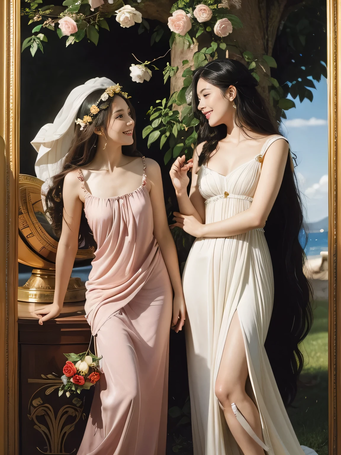 full body portrait or statue、Sandro Botticelli painting style,Arguments of two female Philosophe,math、astronomical machine、astronaut、roses in vase、fruits、Cute trinkets、smile、ancient greek costume、Ancient Roman landscape in the style of Nicolas Poussin,laughter,,Sweet and seductive appearance.、Caravaggio's paintings、Chiaroscuro of Caravaggio、hair tousled by the wind,Two women frolicking,cute smile, expression of ecstasy,Sexy,erotic