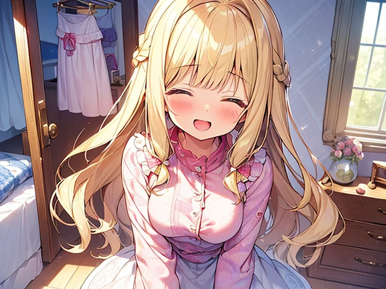 Masterpiece, Top quality, 1 beautiful girl, Blonde, long Hair, Braided hair, wavy Hair, airy hair, blunt bangs, 17 year old, standard weight, (medium breasts :1.2), (cute clothes with cute pattern:1.5), (happy :1.3), blush, open mouth, closed eyes, dynamic pose, (beautiful scene of Cute Girl's Room:1.4), (cute effects), from above, star glitter, spoken heart