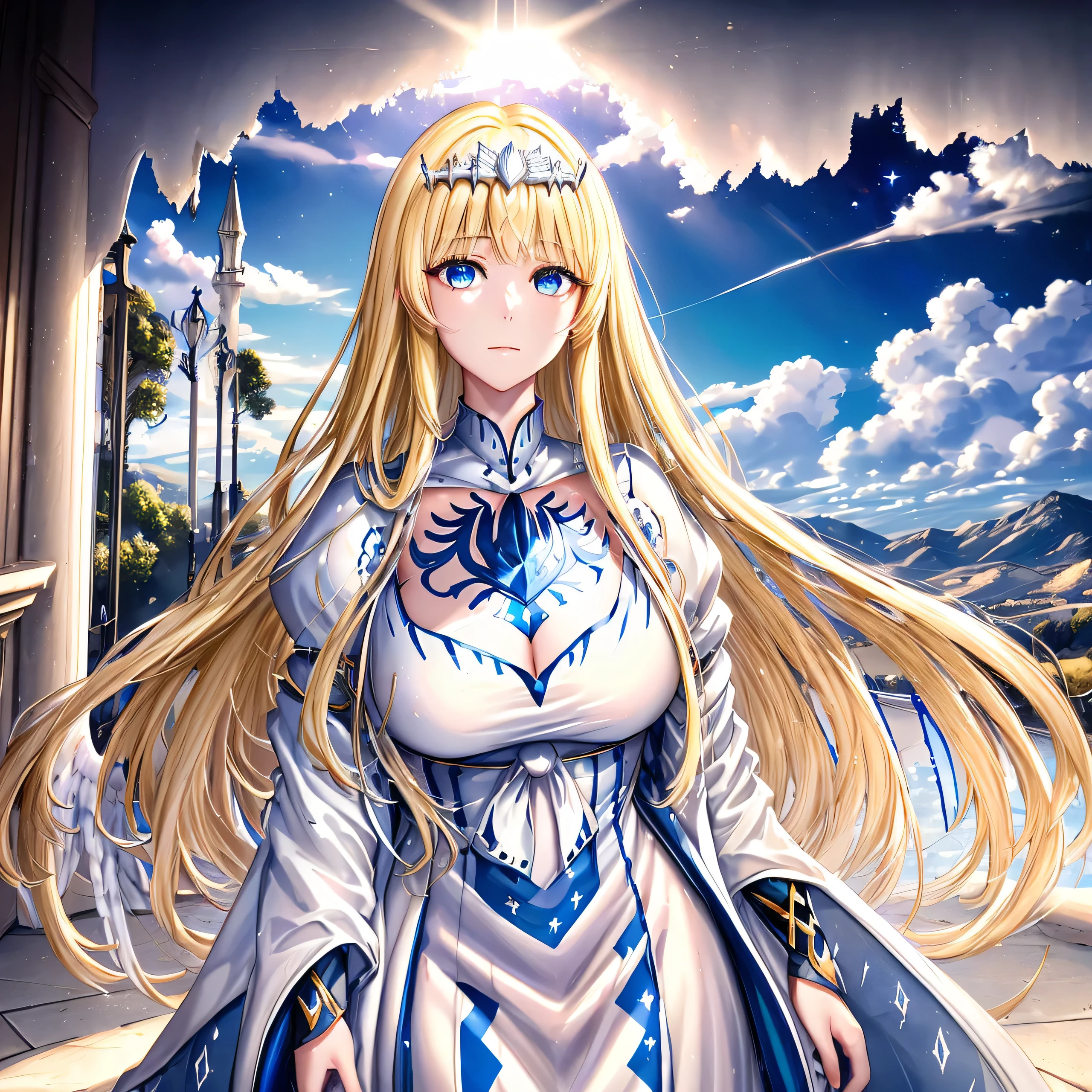 super fine illustration, an extremely cute and beautiful girl, highly detailed beautiful face and eyes, look at viewer, cowboy shot, beautiful long hair, solo, dynamic angle, beautiful detailed dress , heaven castle in background, full of clouds, holy light, blue tone,  1angel,solo, Calca, Calca Bessarez, blonde hair, extremely long hair, very long hair, white tiara, silver tiara, white dress, blue eyes, medium chest, wing wings, feature wings, very big wings, extra large wings, two wing behind her shoulder 