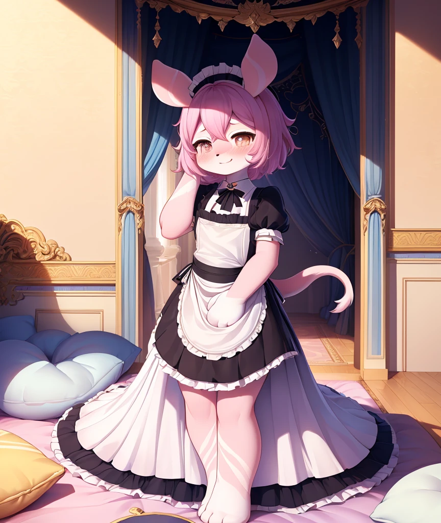 （masterpiece，best quality），my own, The Beast, , (Light and shadow suitable for any pillow background））, 穿着Maid costume的可爱女孩在枕头上摆姿势, Maid costume，White，Nature,, (blush),a smile，Pillow Head,（Lots of pillows），Soft cushion，（canopy bed），Soft pillow quotation，（Pillow damage），Lots of pillows，（Crotch rubbing），（（Pillow Hump）），（Pillow Head），（A tail），，（Pink pillow），（Love around the protagonist），Steam，（Pillow Head），（），（Luxury pillows），（Palace pillow pattern pillow），（palace），（Palace bedroom），（Gorgeous pattern pillow），Soft pillows，，（Classical European style bedroom ），（excited，shy person，Lack of expressiveness，），Pigment burst Art NY，stood up，Standing on pillow