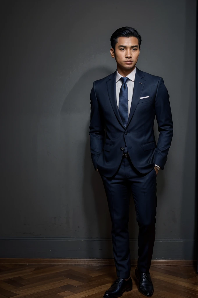 Photoshoot 9 Male from Indonesia, 25 years old, With Formal Style, Stand straight and look forward, Wearing a dark blue suit, Wearing black shoes, Against the backdrop of a warm room, There's a drink in hand, Realistic, very detailed, very Realistic, Ultra HD, photoshoot, Canon camera lens, 32k,