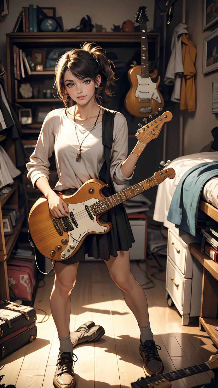 mouth, 26 year old Caucasian female, alone, In a messy room, guitar,smile