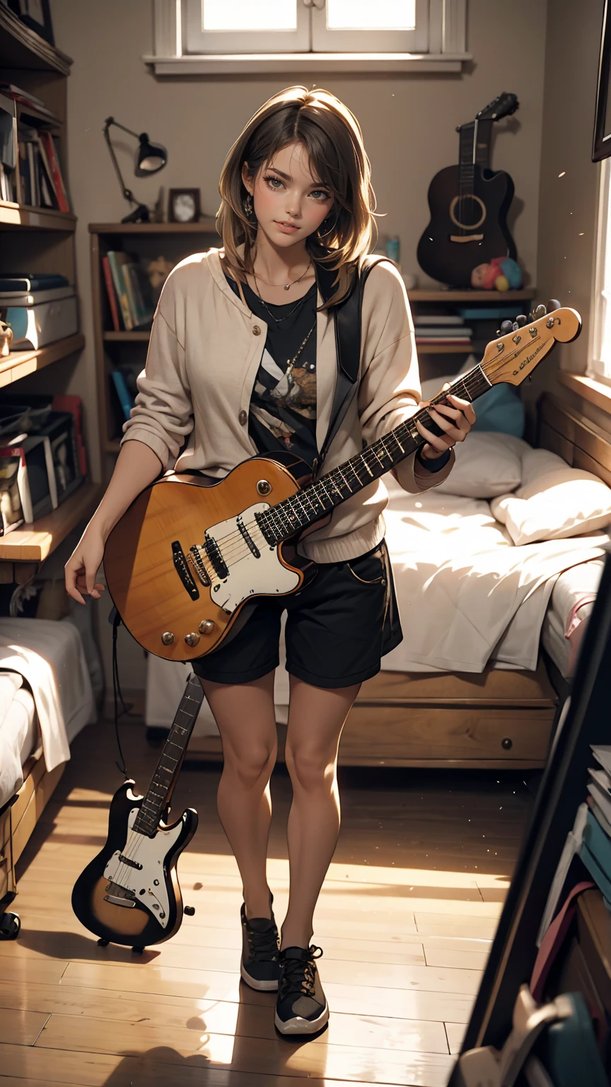 mouth, 26 year old Caucasian female, alone, In a messy room, guitar,smile