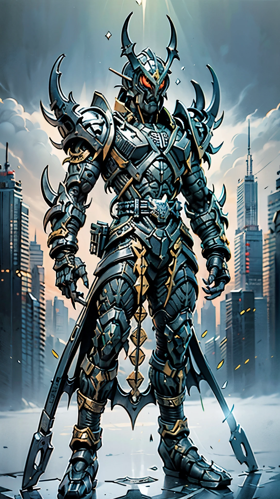 A man wearing a full-face helmet, a fantasy-style biotech armored combat suit, green eyes, (a composite layered chest armor), fully enclosed shoulder guards, matching arm and leg guards, the belt is adorned with fangs biting into orbs, (the color scheme is primarily black with red accents), the design balances heavy with agility, a high-tech bio-mecha armor, (Bat concept Armor, stand on the top of a skyscraper in a futuristic sci-fi city), this character embodies a finely crafted fantasy-surreal style armored hero in anime style, exquisite and mature manga art style, (battle damage, element, plasma, energy, the armor glows), ((male:1.5)), metallic, real texture material, dramatic, high definition, best quality, highres, ultra-detailed, ultra-fine painting, extremely delicate, professional, perfect body proportions, golden ratio, anatomically correct, symmetrical face, extremely detailed eyes and face, high quality eyes, creativity, RAW photo, UHD, 32k, Natural light, cinematic lighting, masterpiece-anatomy-perfect, masterpiece:1.5