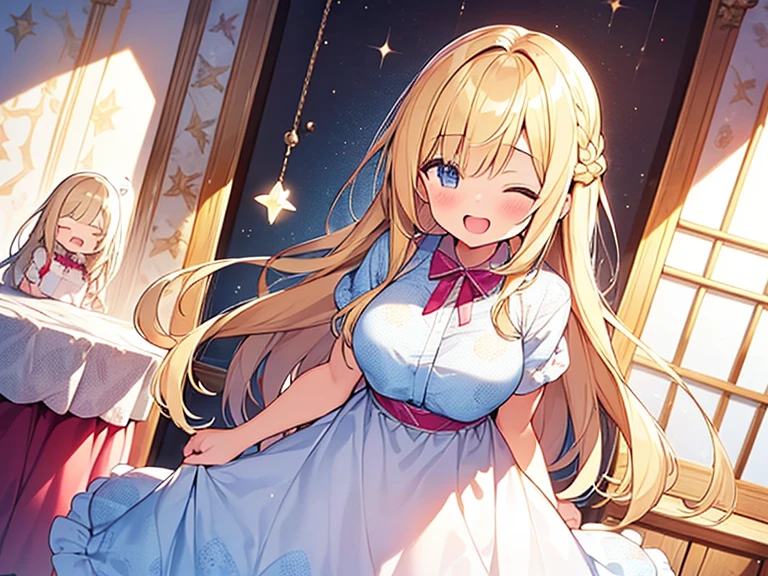 Masterpiece, Top quality, 1 beautiful girl, Blonde, long Hair, Braided hair, wavy Hair, airy hair, blunt bangs, 17 year old, standard weight, (medium breasts :1.2), (cute clothes with cute pattern:1.5), (happy :1.3), blush, open mouth, one eye closed, dynamic pose, (beautiful scene of Cute Girl's Room:1.4), (cute effects), from above, star glitter, spoken heart