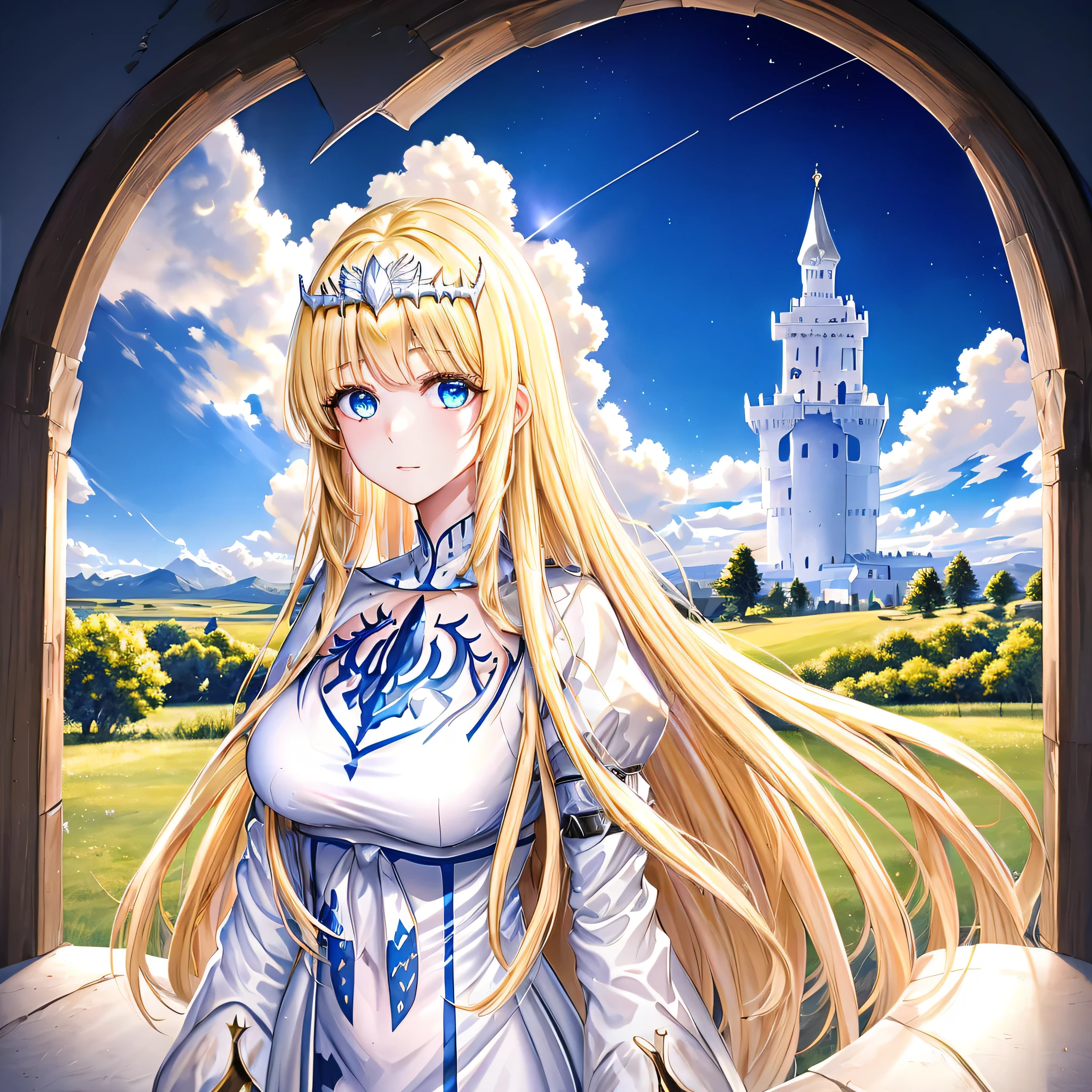 super fine illustration, an extremely cute and beautiful girl, highly detailed beautiful face and eyes, look at viewer, cowboy shot, beautiful long hair, solo, dynamic angle, beautiful detailed dress , heaven castle in background, full of clouds, holy light, blue tone,  1angel,solo, Calca, Calca Bessarez, blonde hair, extremely long hair, very long hair, white tiara, silver tiara, white dress, blue eyes, medium chest, wing wings, feature wings, very big wings, extra large wings, two wing behind her shoulder 