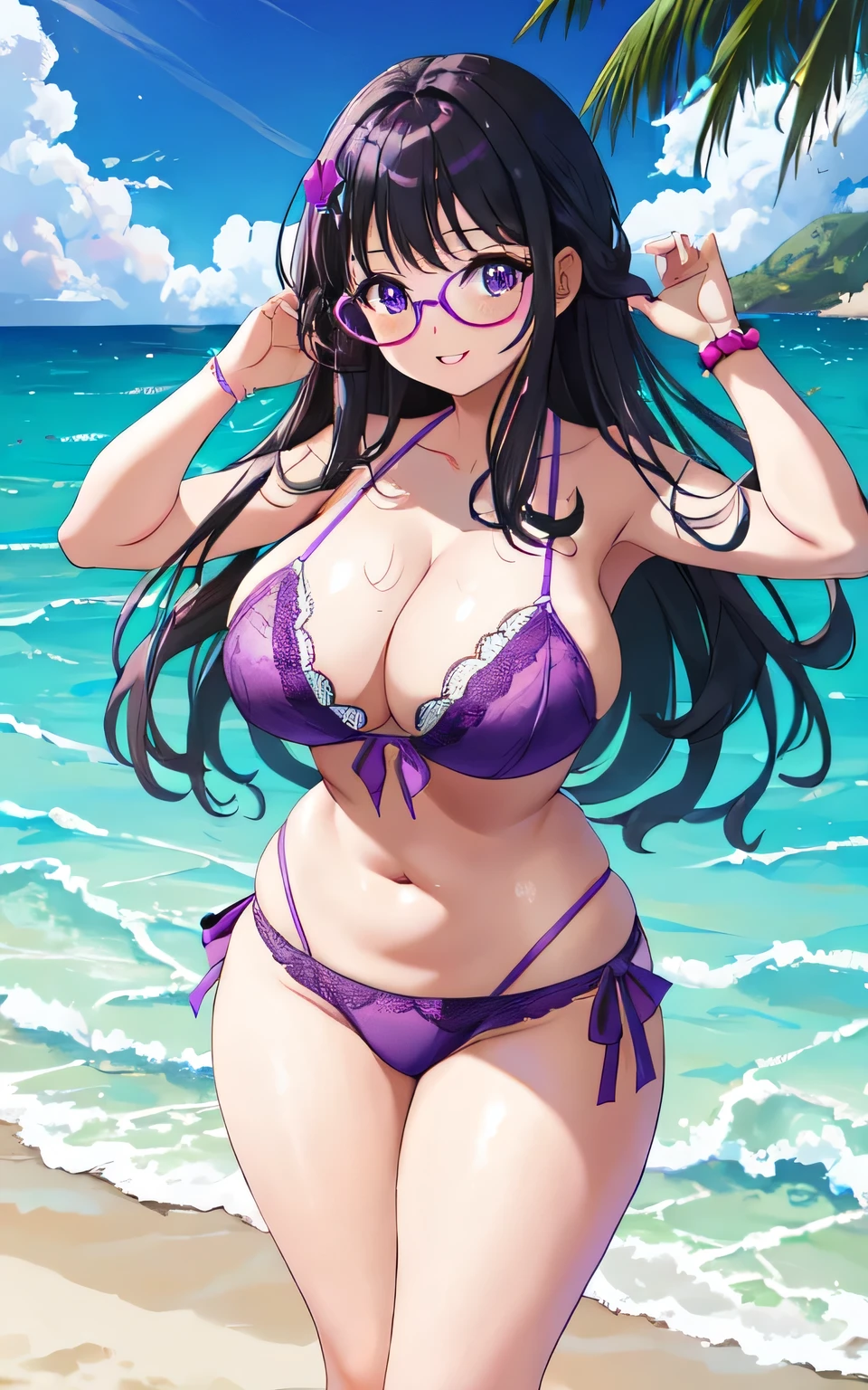 A  with big breasts, plound, in a purple lace bikini, on the beach, with glasses