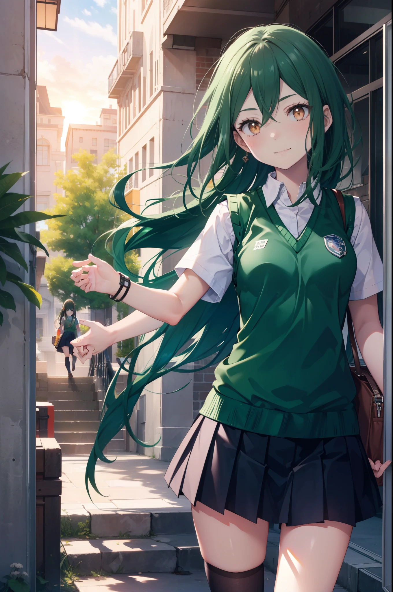 CruschKarsten, Crusch Karsten, Long Hair, Hair between the eyes, Green Hair, (Brown eyes:1.4),smile,,
Armband, White shirt,Short sleeve,Sweater vest, (green Sweater vest:1.5),Black pleated skirt,Black socks,Brown Loafers,whole bodyがイラストに入るように,Sunset,evening,The sun is setting,歩いている
break outdoors, School　courtyard,
break looking at viewer,whole body,
break (masterpiece:1.2), highest quality, High resolution, unity 8k wallpaper, (shape:0.8), (Beautiful and beautiful eyes:1.6), extレムely detailed face, Perfect lighting, extレムely detailed CG, (Perfect hands, Perfect Anatomy),