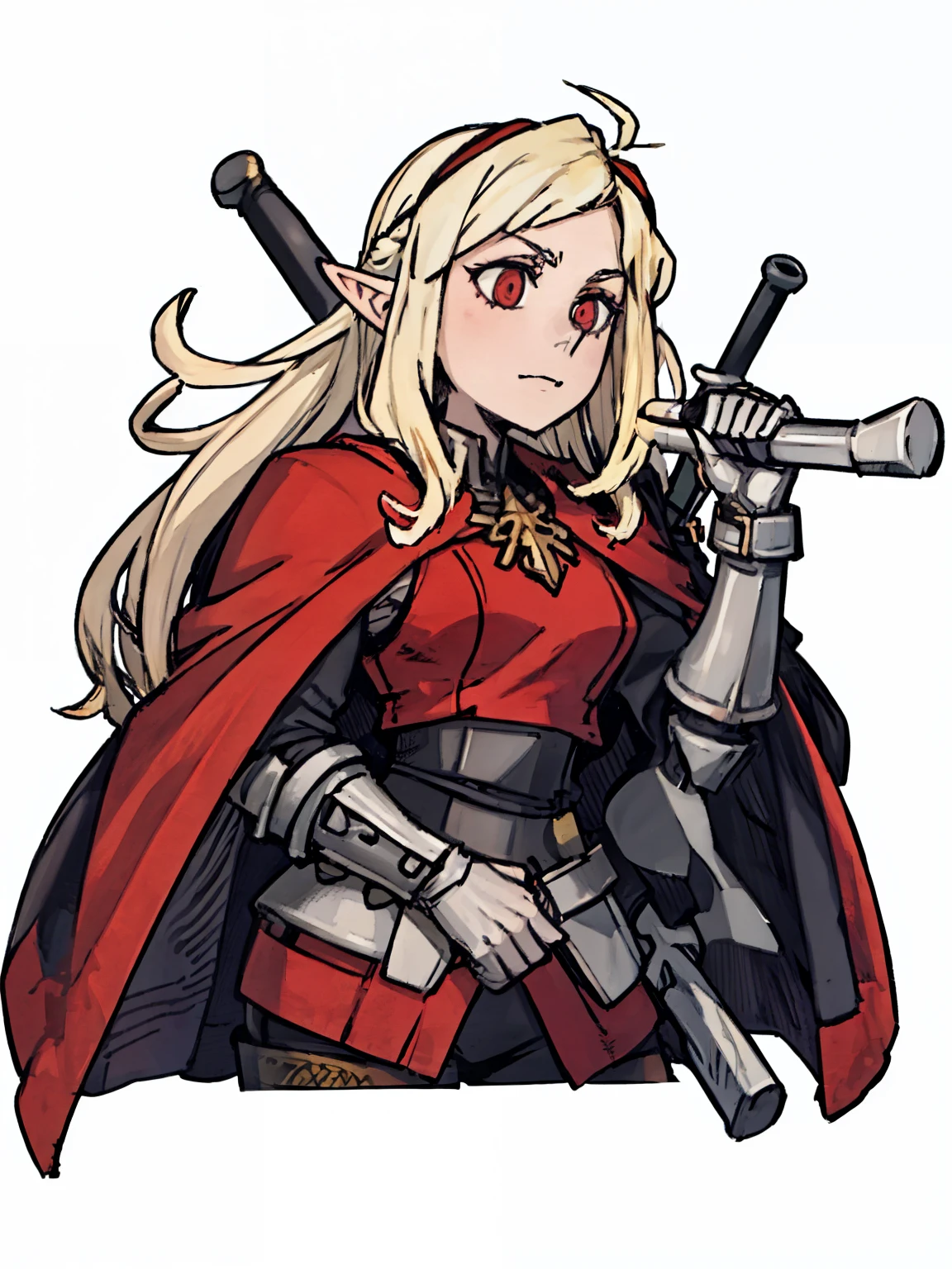 A female warrior，Behind the hammer，Elves，front,(,(Half Body),(blonde),(Gray armor)),Carrying a hammer weapon，Red Cape，White background