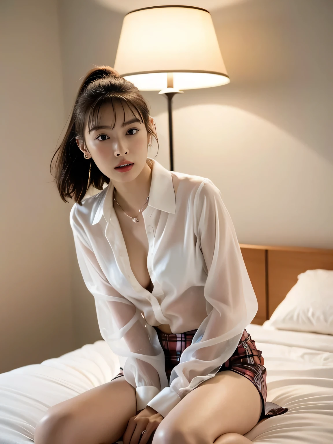 (Floral, See-through collared shirt, Take off your skirt, Satin, Turn your back, Show beautiful thighs:1.5),
((I want to kiss you?, I want to see my panties?, Want to flirt with me??:1.2)),
((Come near me and kiss me,:1.4)),
((Sexy atmosphere, hold out your lips, Disheveled Hair, A sigh escapes)),
((Luxury Love Hotel, Sleep femininely in a white bed, Complete darkness, lamp, Underwear strings come undone, Start taking off your clothes:1.4)),
((32 years old, A sexy, beautiful female announcer:1.5)),
((Earrings that match your outfit, Silver Necklace:1.2)),
((Squint your eyes)),
((purse your lips:1.2)),
((Blushing:1.2)),
((Small breasts,Flat Chest:1.2)),
Narrow shoulders, the lines of the body are thin, Thin waist, Long, slender legs,
Ultra-detailed skin, Glossy Skin, White skin, Ultra detailed face, Ultra detailed breasts,
Ultra-detailed eyes, Slit eyes, Brown eyes, double eyelid, Beautiful thin eyebrows, Thin, long eyelashes,
Ultra-detailed lips, Fuller lips, Glossy pink lips, Flushed Cheeks, White teeth,
Beautiful actress's languid make-up, Pink lipstick, Smoky eyeshadow, Eye foundation,
Dark Brown Hair, Delicate and soft hair, Hair blowing in the wind,
(Elegantly putting your hair up, short hair, ponytail:1.2),
