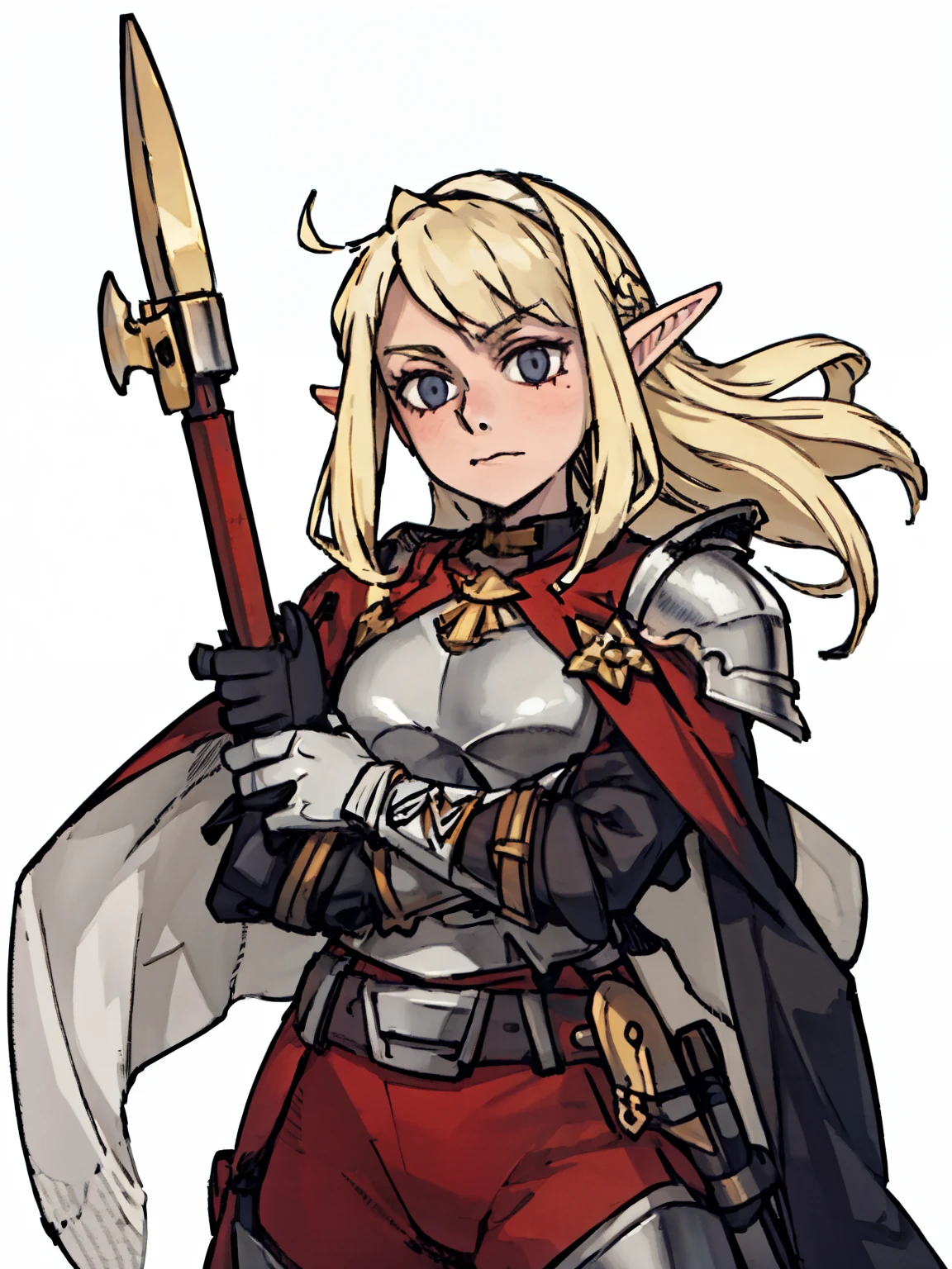 A female warrior,Elves,front,(,(Half Body),(blonde),(Gray armor)),Carrying a hammer weapon,Red Cape,White background