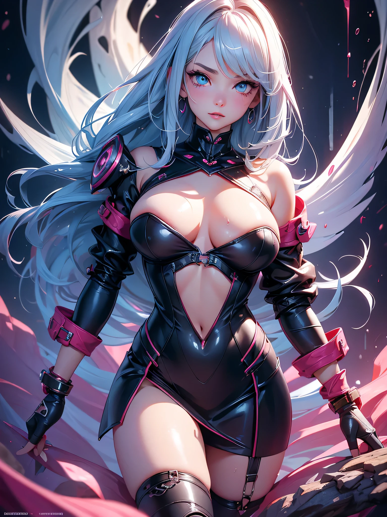 nsfw,Master piece,best quality,ultra-detailed,high resolution,octane render,The overall image is of high quality, with a resolution of 4k or 8k. It is a masterpiece of art,High resolution, best quality,intricate details,absurdres,highres, a cute girl,valkyrie,(1 girl),beautiful girl,beautiful face,seductive young girl,female focus,full body,(perfect body),cute,cool,Her face is extremely detailed and expressive.kawaii,the girl exudes confidence and elegance,Her pose and expression convey a sense of empowerment and strength.(Two-toned hair with pink and light blue tips), single braid,(hair, realistic:1),She has long eyelashes that add to her captivating appearance,The girl's hair is styled in a sleek and sophisticated,big bright green eyes, glowing eyes, (beautiful detailed eyes),highly detailed face and hair, detailed eyes,pale eyes,shining eyes,a well-defined nose,pinky skin,glowing and smooth skin,faint lips,oily lip,seductive and confident smile,lying, on back,open mouth,pointy breasts,bare shoulders,((dark purple cyber suit with micro skirt)),holding skirt hem with both hands,craftsmanship embroidery,midriff peek,pussy,bottomless,(aroused),open legs,girl trembling with sexual climax,allure pose,(cum on breast),((pussy cum)),showing her vagina,(sex),(tentacle_pit),(tentacle sex), consensual tentacles,corneo_tentacle_sex,red tentacle,garter belt,Torn Stockings,black Choker with chains,bracelet with chains,silver earrings,gold hair ornament,red corsage,Blushing face,emphasizing her facial expression and beautiful body lines,dynamic angle,from below,sweat,perspired,steam,wet,fantasy,in cave with tentacles,creating a visually stunning effect,adding to the overall appeal,psychedelic,