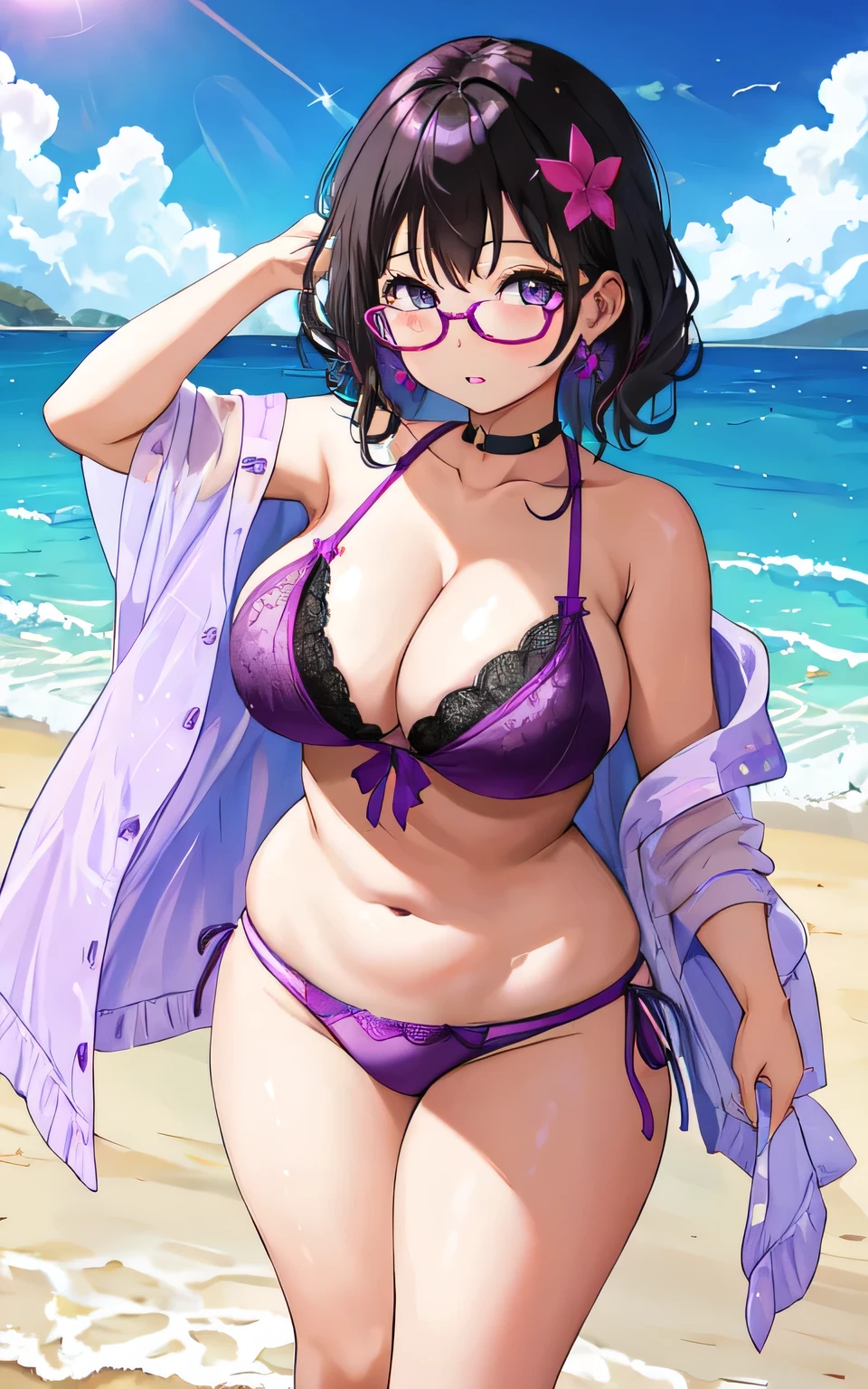 A with big breasts, plound, in a purple lace bikini, on the beach, with glasses