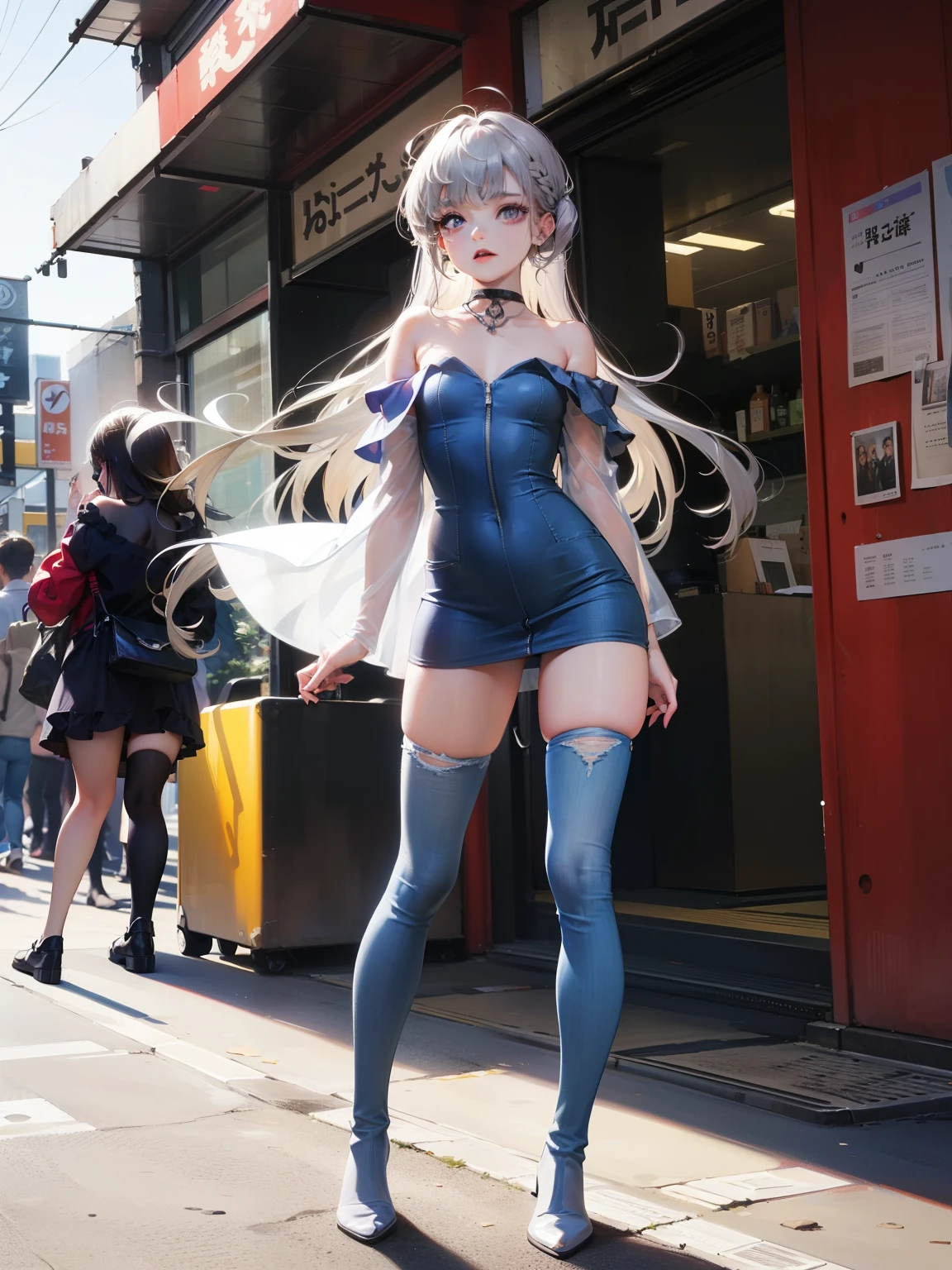 Dynamic posing, dynamic angle,Top quality work,((summer)), Show Legs,8K, photo image, masterpiece,super resolution ,(long silver hair with purple ends),(purple eyes), Pale light and shadow, Very bright white background, 1 girl,(( Jeans Dresses)),(( Y2K Summer Strapless Tube Vintage Jeans Dresses Off Shoulder)),((Backless Bodycon Mini Dress)), ((without sleeves)),black Thigh-High Boots, (at the tokyo street),small round chest、full-body view,((building in the background)