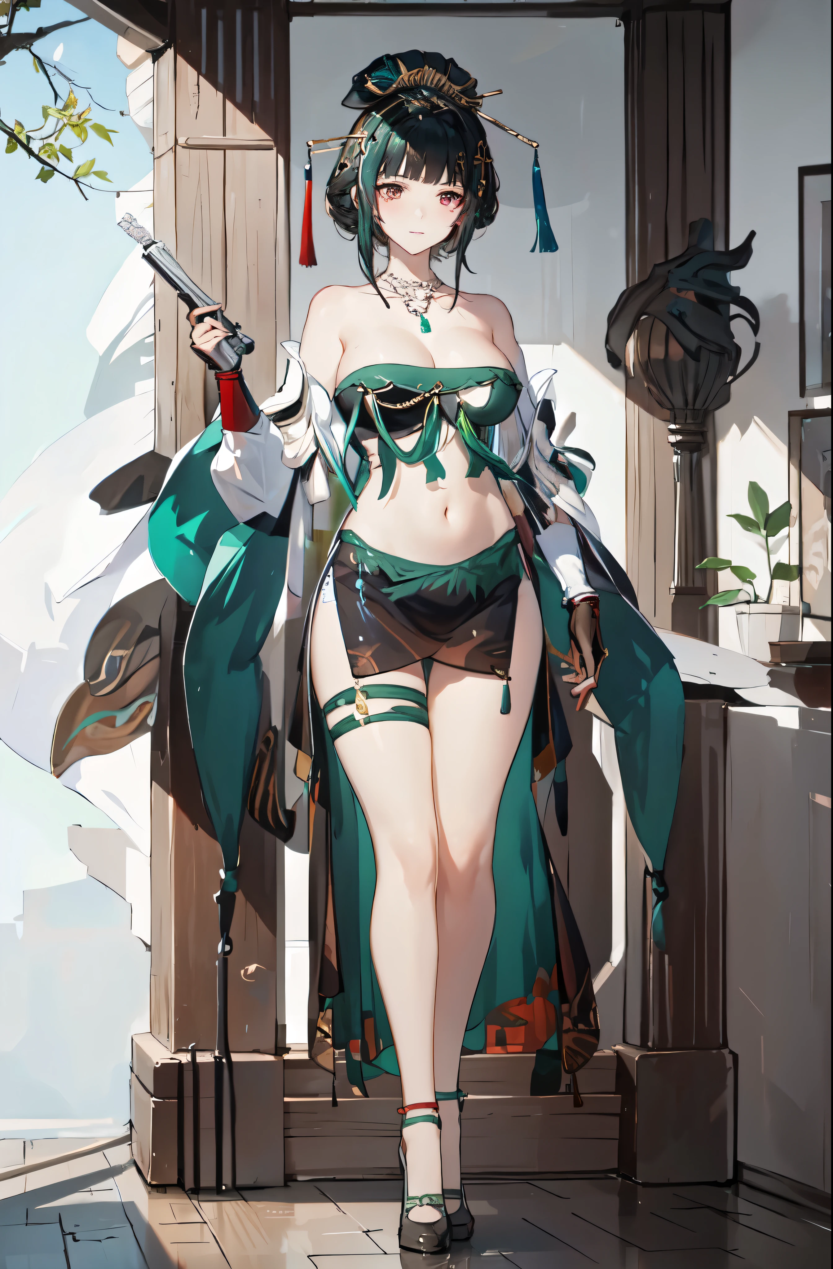 masterpiece, best quality BREAK solo, china dress, highres, 1girl, standing, (large breasts), mature female, hanying, Full body drawing, (masterpiece), (best quality), (hyperdetail), (illustration), ((extremely delicate and beautiful)), (detailed light), (prefect's body), full body drawing, Hanying, HanYing, sexy, sexy belly, sexy belly line, sexy belly button