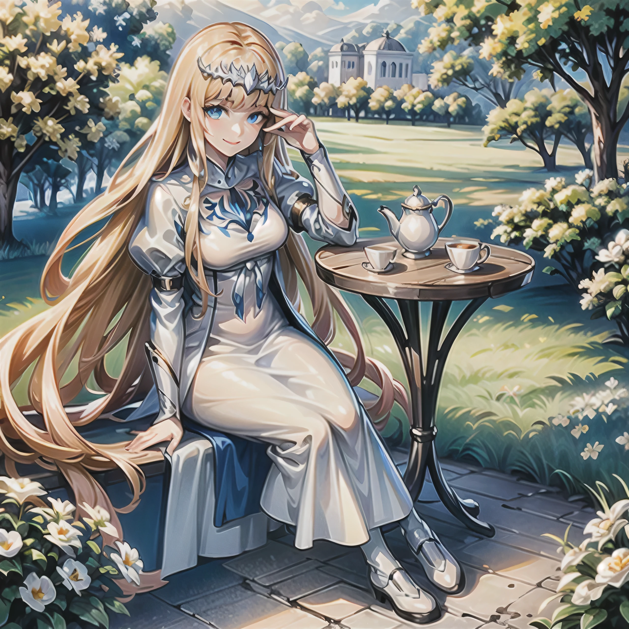 masterpiece, high resolution, detailed face, detailed eyes, smiling, sitting, drinking tea, table,full body. outdoors, garden ,  1girl, solo, Calca, Calca Bessarez, blonde hair, extremely long hair, very long hair, white tiara, white dress, blue eyes, medium chest