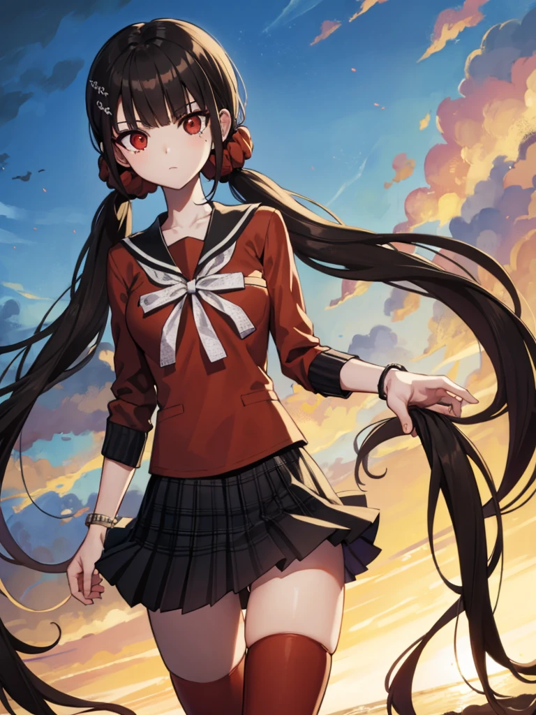 makiharukawa, harukawa maki, long hair, bangs, brown hair, black hair, hair ornament, (red eyes:1.5), twintails, very long hair, hairclip, blunt bangs, mole under eye, low twintails, scrunchie, hair scrunchie, red scrunchie, (middle breast:1.2, cameltoe, ), BREAK skirt, shirt, thighhighs, long sleeves, bow, , pleated skirt, serafuku, miniskirt, black skirt, sailor collar, mole, bracelet, zettai ryouiki, plaid, plaid skirt, red shirt, black sailor collar, red thighhighs, BREAK looking at viewer, BREAK outside, beach, BREAK (masterpiece:1.2), best quality, high resolution, unity 8k wallpaper, (illustration:0.8), (beautiful detailed eyes:1.6), extremely detailed face, perfect lighting, extremely detailed CG, (perfect hands, perfect anatomy),