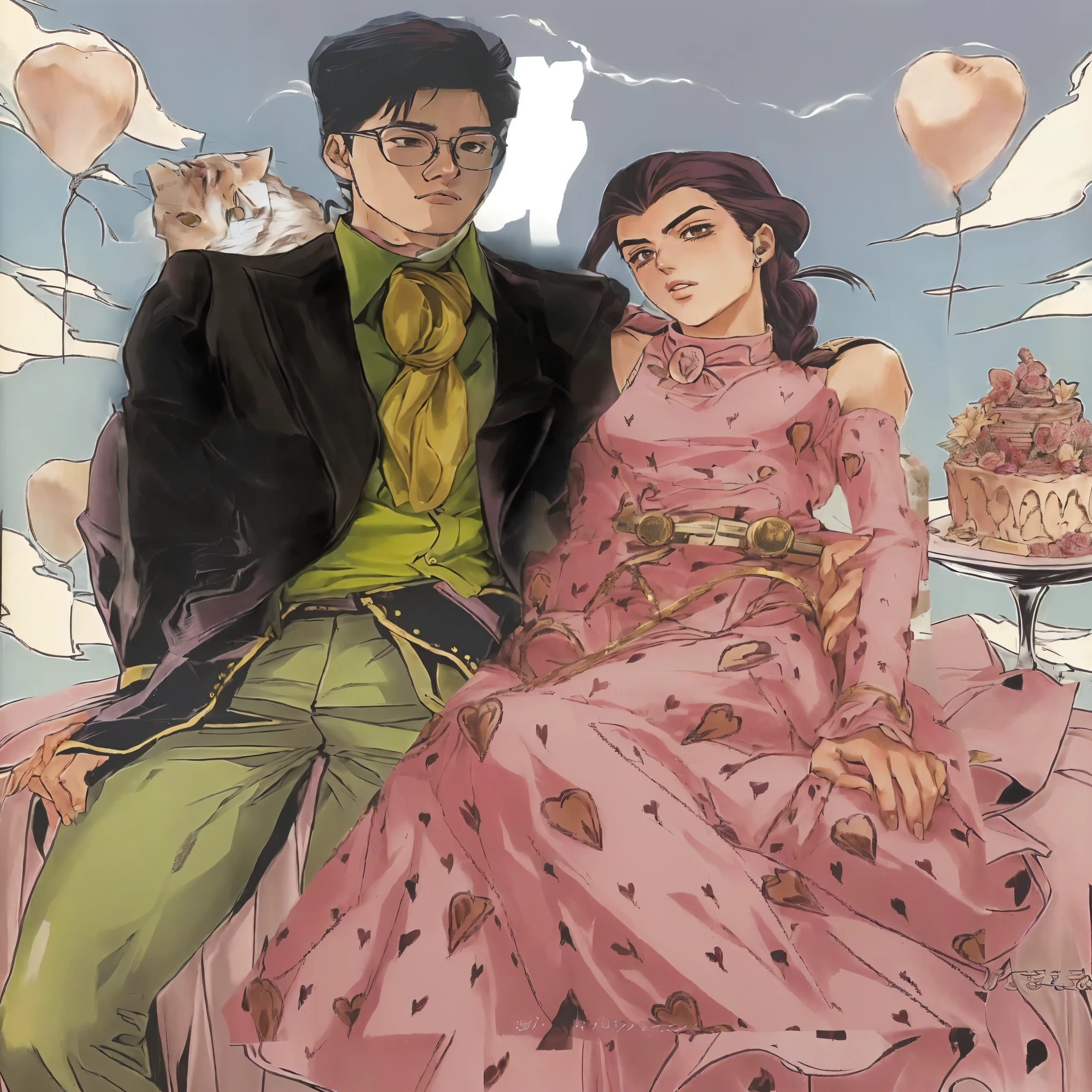 Anime picture of a man and a woman sitting on the bed eating cake, author：Nobutada Yanagawa, Very detailed and beautiful fan art, Inspired by William Mustard Lockhart, author：Kojima Ayami, author：Hironaka Harumi, conrad roset and makoto shinkai, author：Kikugawa Ryōzan, Official Fanart, Inspired by Yumihiko Amano