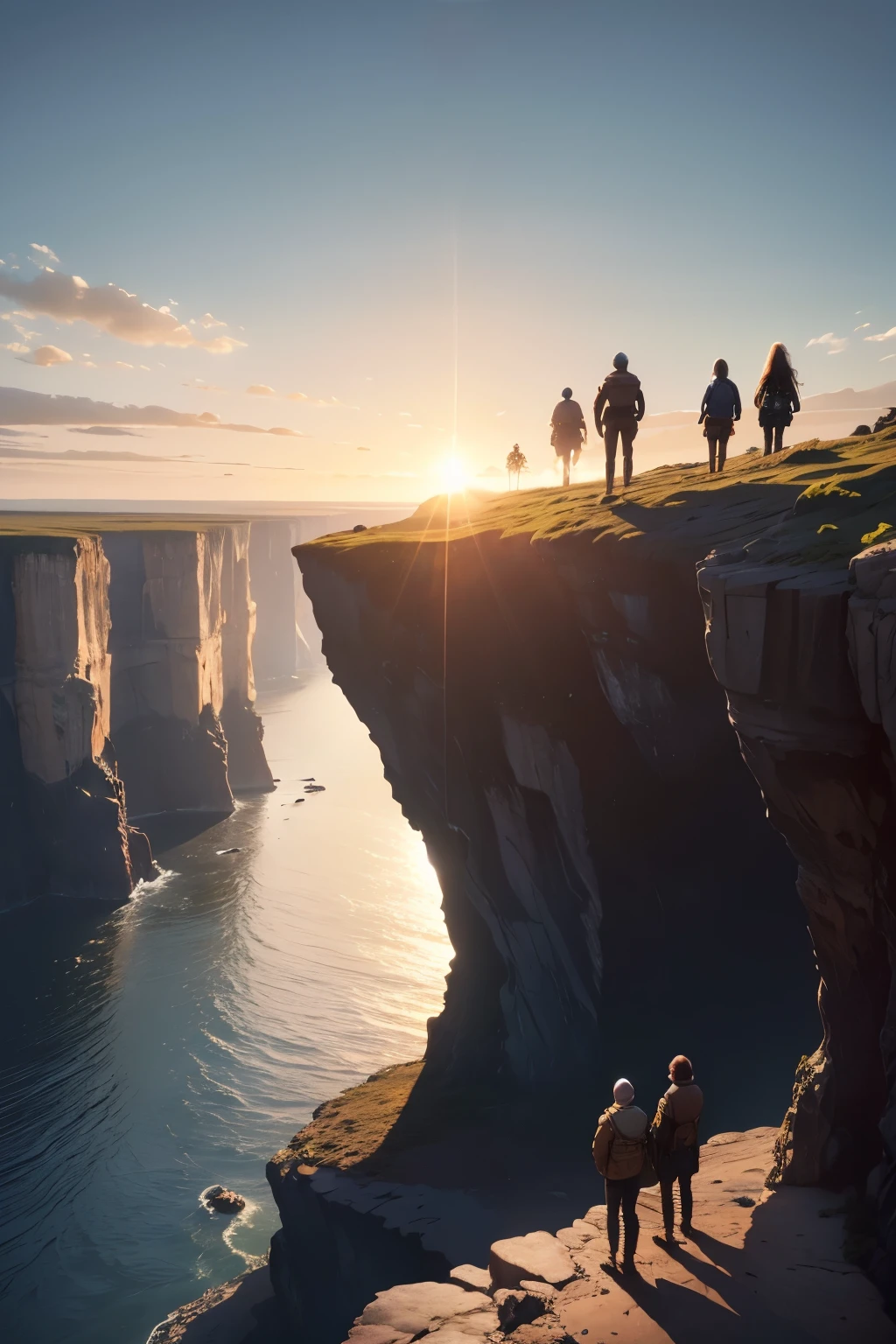 a group of people standing on a rocky planet, camera shot from the back, 2 suns in the sky , vast oceans surrounding cliffs and plains , greenery 