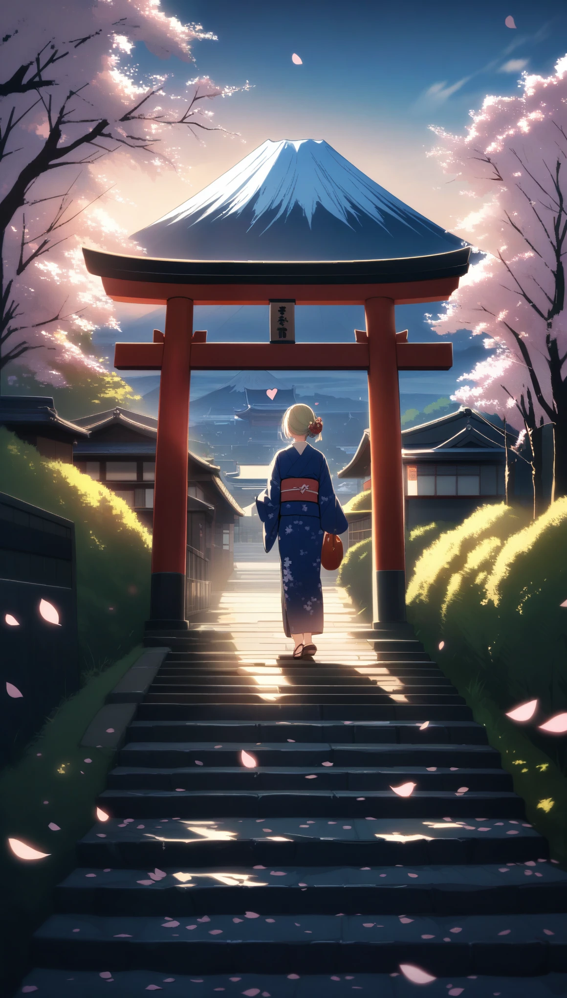 (((masterpiece: 1,5, highest quality, High resolution, Super Resolution, Super detailed: 1,2, Rich background: 1,4))), (close), (One girl), alone, Green Eyes, blonde long hair tied with blue ribbon, hair ornaments, Blunt bangs, smile, high school girl, Mid-chest, ((null中に手を上げる)), kimono, (Blue short-patterned kimono), Sandals, ribbon, heart, ((Outdoor)), Cherry Blossom, (torii), Stone stairs, null (afternoon), Cherry Blossoms fall, ((Dramatic Light: 1,3)), cloudy, (Mt.Fuji scenery),