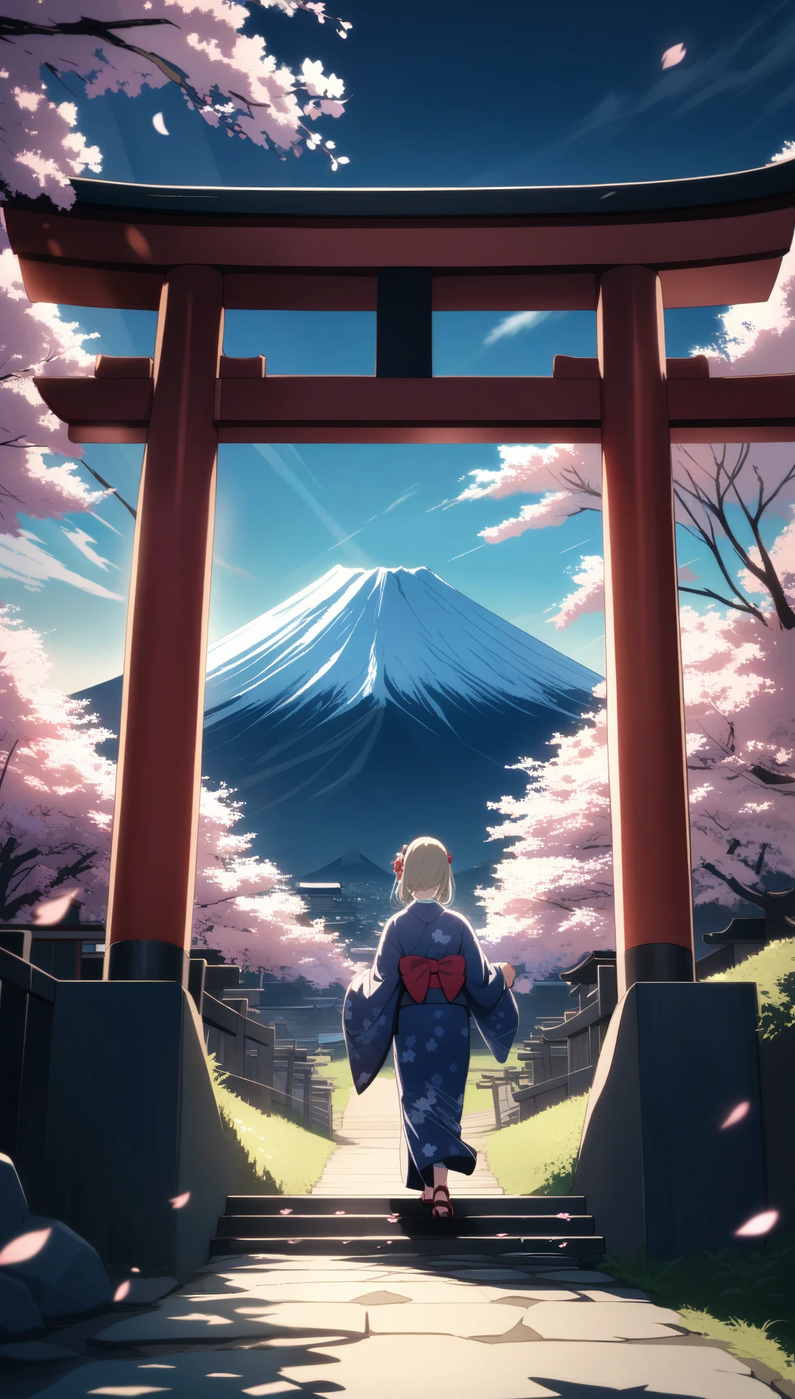 (((masterpiece: 1,5, highest quality, High resolution, Super Resolution, Super detailed: 1,2, Rich background: 1,4))), (close), (One girl), alone, Green Eyes, blonde long hair tied with blue ribbon, hair ornaments, Blunt bangs, smile, high school girl, Mid-chest, ((null中に手を上げる)), kimono, (Blue short-patterned kimono), Sandals, ribbon, heart, ((Outdoor)), Cherry Blossom, (torii), Stone stairs, null (afternoon), Cherry Blossoms fall, ((Dramatic Light: 1,3)), cloudy, (Mt.Fuji scenery),