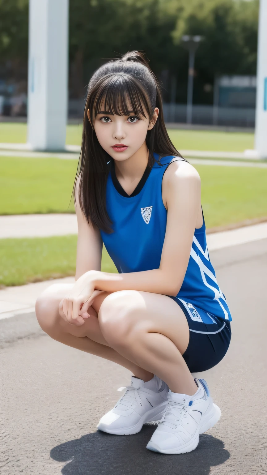 Beautiful woman、18-year-old 、Full Body Shot、Sweat、Sportswear、Arena、bangs、Turning around、Half Squat、