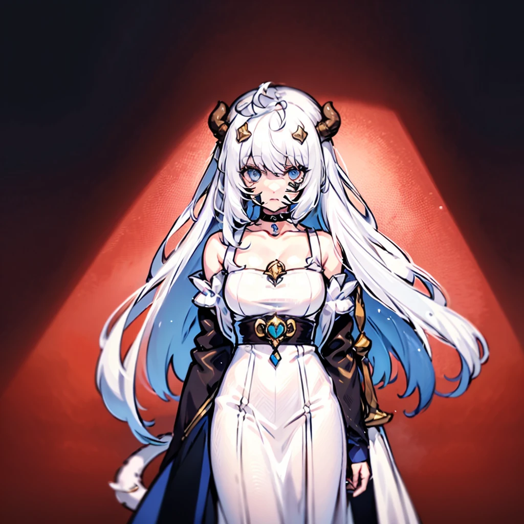 ((masterpiece)), ((bestquality)), 1 girl, solo, a -yeld gi white hair, blue eyes, detailed face, dragonian_head, dragonian_body, dragonian_hairstyle, dragonian_horns, dragonian_tail, white tail, white long dress, black choker, silver circlet on head, close range, holding sceptre, blank background