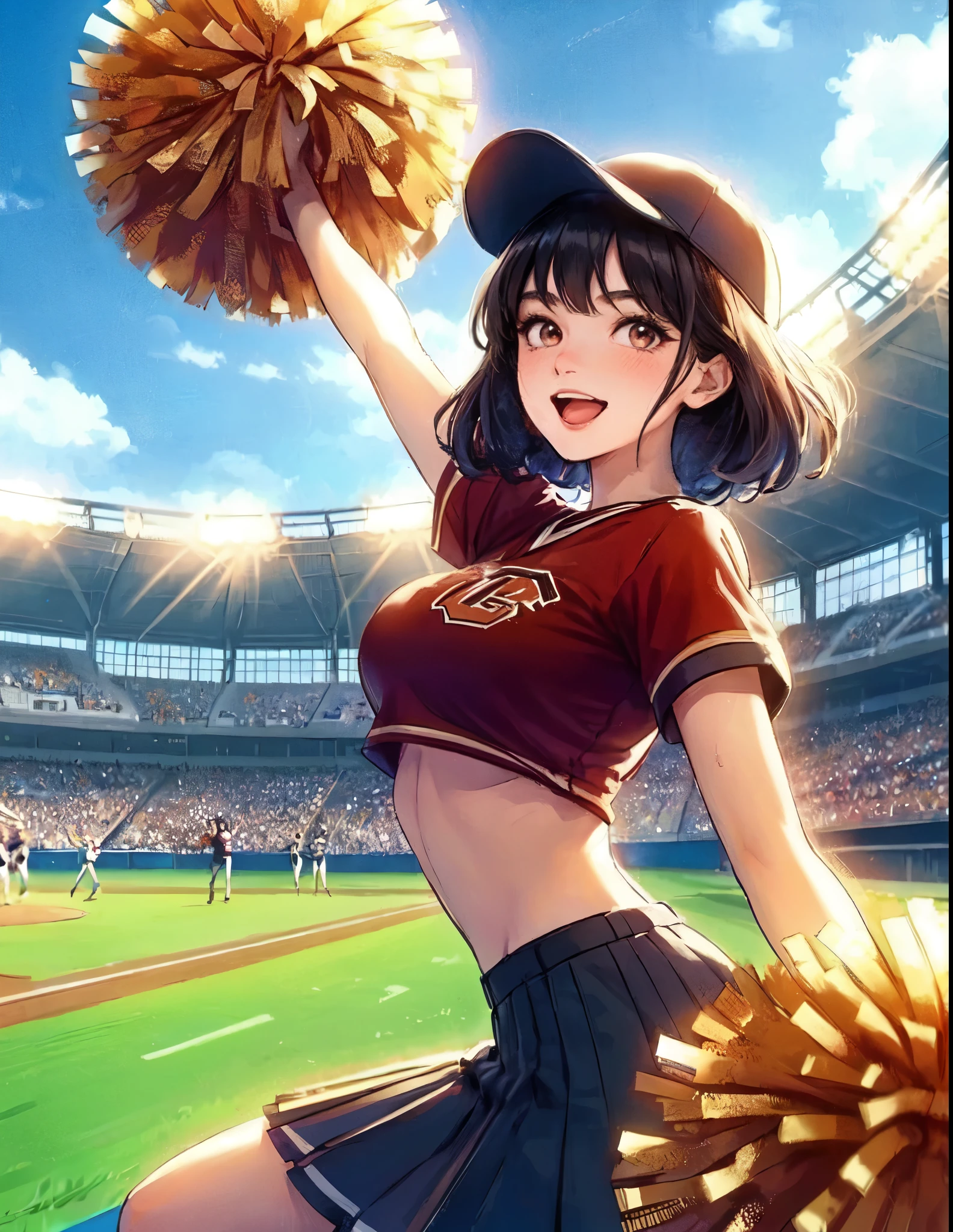 1lady solo, cheering, dancing, (dynamic posing), cheerleader (stylish outfit), mature female, /(black hair/) bangs, blush brightly smile, open mouth, (teeth:0.8), (masterpiece best quality:1.2) delicate illustration ultra-detailed, large breasts BREAK (holding pom-pom) BREAK /(baseball stadium) grass, outdoors, audience