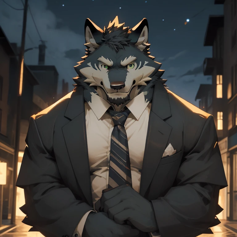 ((best quality)), ((masterpiece)), (detailed), Perfect face,slim,Solitary,Beast field,night,1 man,housekeeper ,Tuxedo,street,furry, Ankhtro, black fur, black-fur,muscular,hairy, anthropology_Wolf , guys, boys,fur,Crisp shapes, Solitary male,Intercom,Green Eyes,tie,pistol