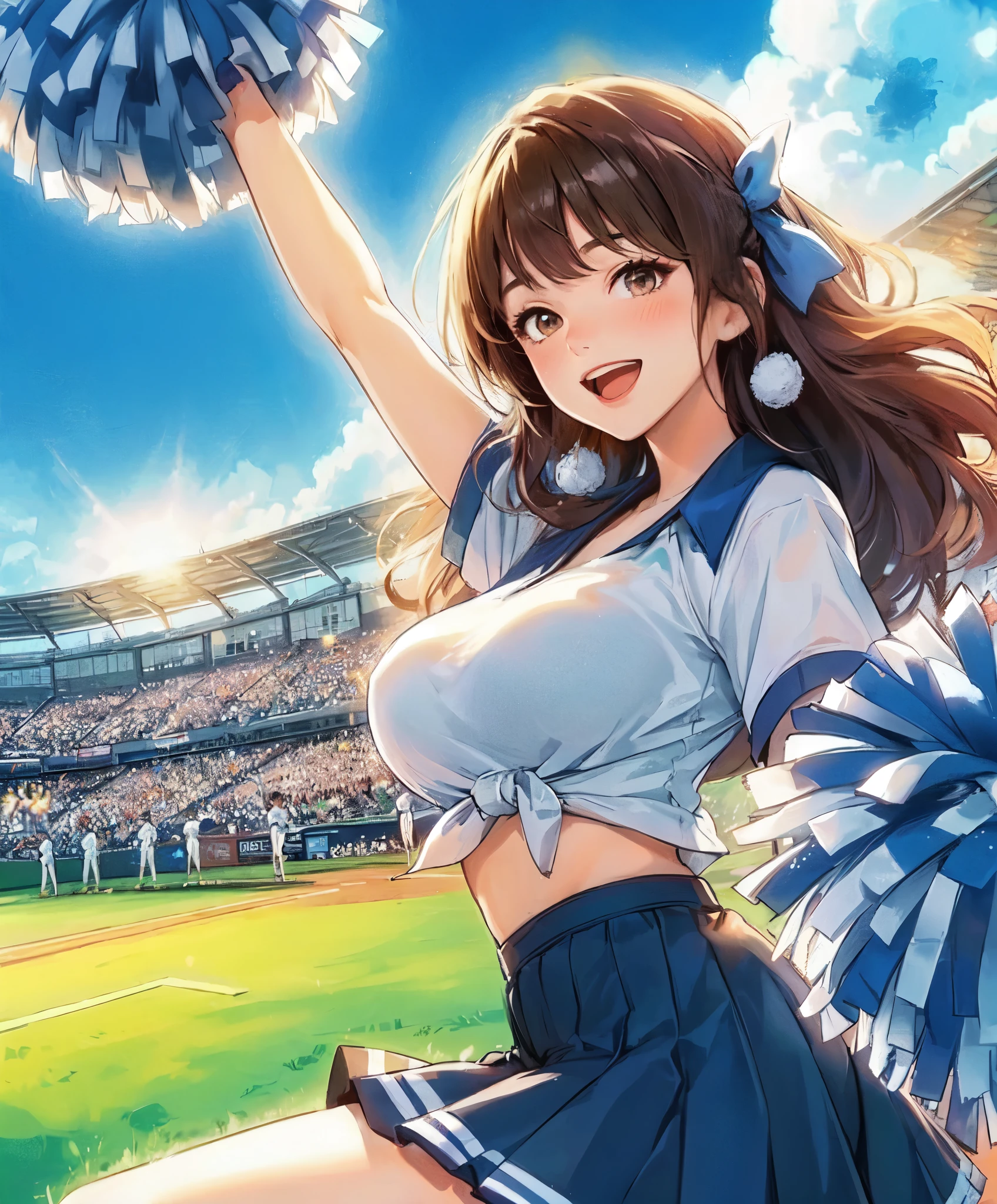 1lady solo, cheering, dancing, (dynamic posing), cheerleader (stylish outfit), mature female, /(brown hair/) bangs, ribbon, blush brightly smile, open mouth, (teeth:0.8), (masterpiece best quality:1.2) delicate illustration ultra-detailed, large breasts BREAK (holding pom-pom) BREAK /(baseball stadium) grass, outdoors, audience