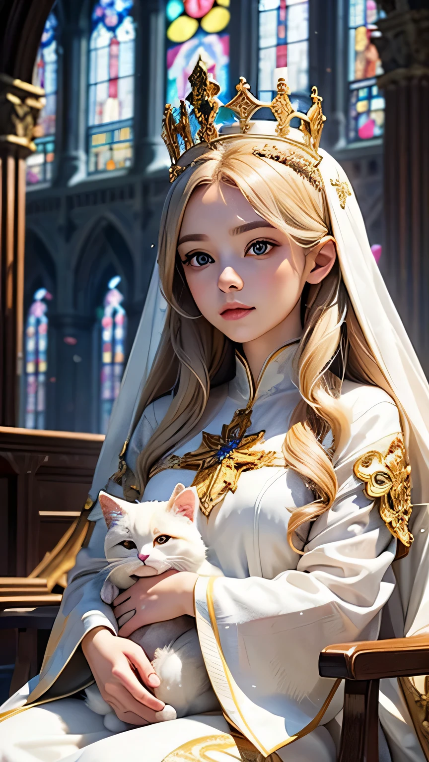 In a grand cathedral, a beautiful young woman sits in the center, wearing a radiant golden crown. She has long blonde hair and large eyes, with a serene expression on her face. She is dressed in a luxurious white robe adorned with gold. A cute gray and white cat sits on her lap. In the background, there are beautiful stained glass windows with soft light streaming through. The overall atmosphere is mystical and sacred.