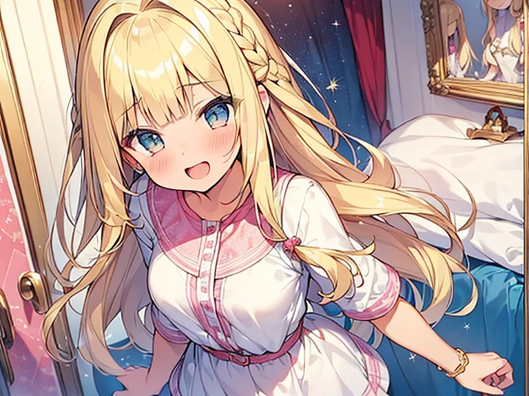Masterpiece, Top quality, 1 beautiful girl, Blonde, long Hair, Braided hair, wavy Hair, airy hair, blunt bangs, 17 year old, standard weight, (medium breasts :1.2), (cute clothes:1.5), with cute pattern, (happy :1.3), blush, open mouth, wink, head tilt, dynamic pose, (beautiful scene of Cute Girl's Room:1.4), from above, star glitter, spoken heart