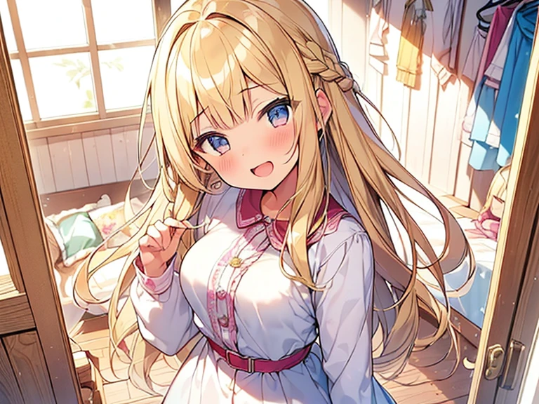 Masterpiece, Top quality, 1 beautiful girl, Blonde, long Hair, Braided hair, wavy Hair, airy hair, blunt bangs, 17 year old, standard weight, (medium breasts :1.2), (cute clothes:1.5), with cute pattern, (happy :1.3), blush, open mouth, wink, head tilt, dynamic pose, (beautiful scene of Cute Girl's Room:1.4), from above, star glitter, spoken heart