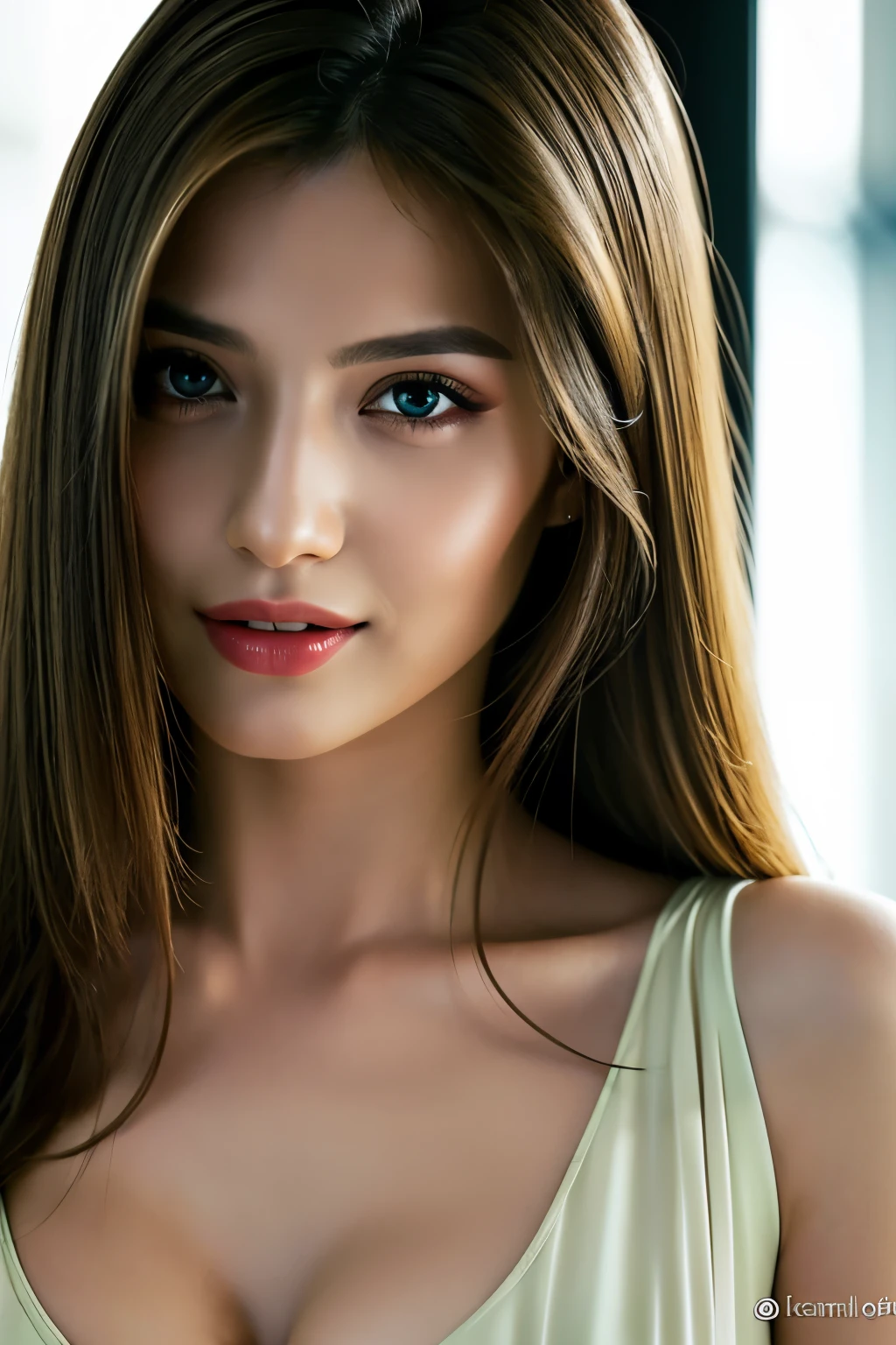 (highest quality、table top、8k、best image quality、Award-winning work)、(one young girl, :1.3)、no sleeve, (red eyeshadow:1.2)、perfect makeup、long eyelashes、Super high-definition sparkling eyes、ultra high definition hair、ultra high resolution glossy lips、Super high resolution perfect teeth、Super high resolution cute face、brown hair、(very short straight hair:1.1)、look at me and smile、[clavicle]、accurate anatomy、(close up of face:1.5)、Luxury love hotel、(The most moody warm lighting:1.2)、blurred background、With bangs、Super high-resolution glossy and moisturized face、Super high resolutio n glowing skin、most detailed face、Ultra high resolution detailed faces、ultra high resolution hair、Fashion model 25 years old [[[[close-up]]], [[[[chest]]]], [[[[neck]]], [shoulders]]]]], Perfect eyes, Perfect iris, Perfect lips, Perfect teeth, Perfect skin, Soft front light, Glow, HDR, (Soft color: 1.2), Best quality, masterpiece, ultra high res, (photorealistic:1.37), raw photo, 1girl, long hair, beautifull eyes, beautifull face, detailed eyes and face, t-shirt, dynamic lighting, in the dark, table top, highest quality, realistic, Super detailed, finely, High resolution, 8k wallpaper, 1 beautiful woman, light brown messy hair, Realistic, High Resolution, [[[ Only one girl ]]]], Wavy black hair, Blue eyes, Stylish tank top, Upper body, Big breasts, Cleavage, Sitting on chair, Pose random, 8K, Very detailed, High Resolution, Facing camera ( One woman), One woman, (Very realistic, High Resolution), ( Very Detailed Eyes, Very Detailed Hair, Very Detailed Face, Very Detailed Plump Lips), (Breast Open Off Shoulder), Breasts, Upper Body, Affectionate Smile, Golden Hair, (Top Quality: 1. 4), Raw Photo, (Realistic, Photorealistic: 1.37), Professional Photographer, Film-like Light, (Delicate Face 1.2), David Hockney and Alfons Mucha hyperrealistic portrait of a woman, fantasy art, photorealistic, dynamic lighting, art station, poster, volume lighting, highly detailed face, 4 k, awards, (